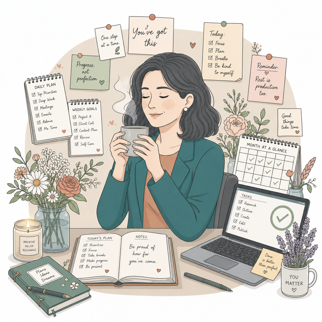 Women with ADHD in midlife looking calm and organised surrounded by flowers and helpful tools Women with ADHD in midlife looking calm and organised surrounded by flowers and helpful tools