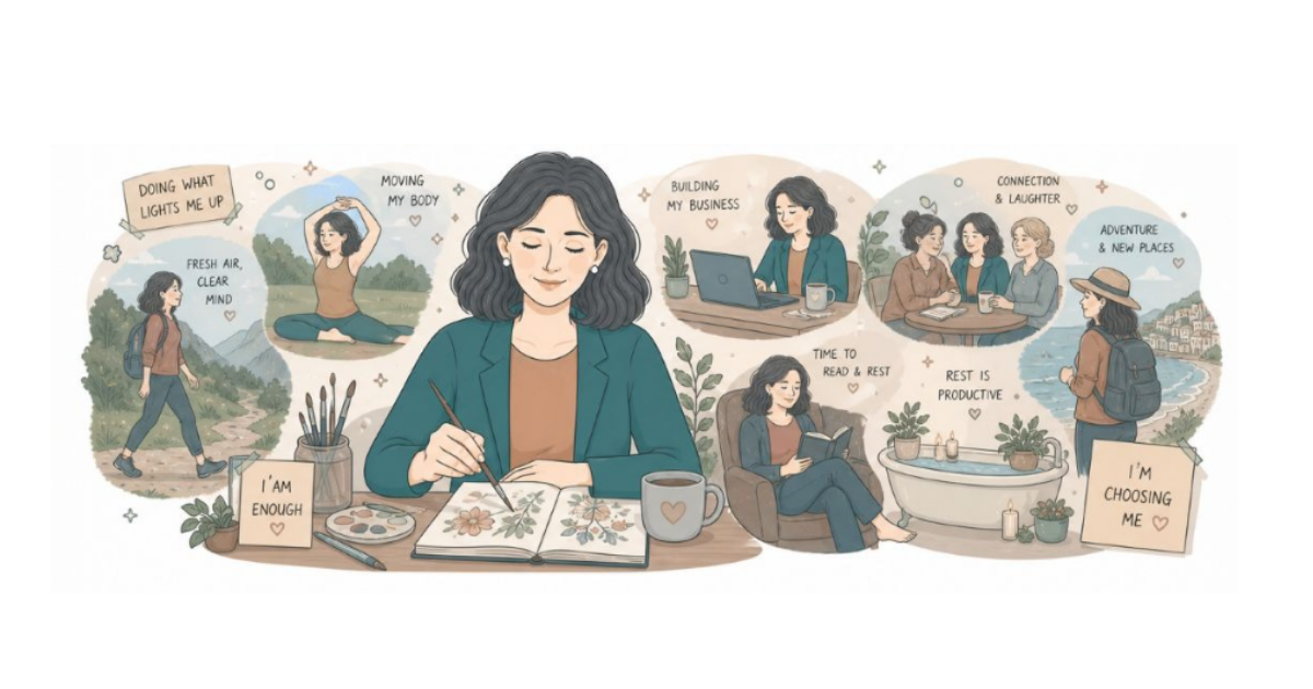 Women with ADHD in Midlife surrounded with a carousel of images feeling like herself again Women with ADHD in Midlife surrounded with a carousel of images feeling like herself again