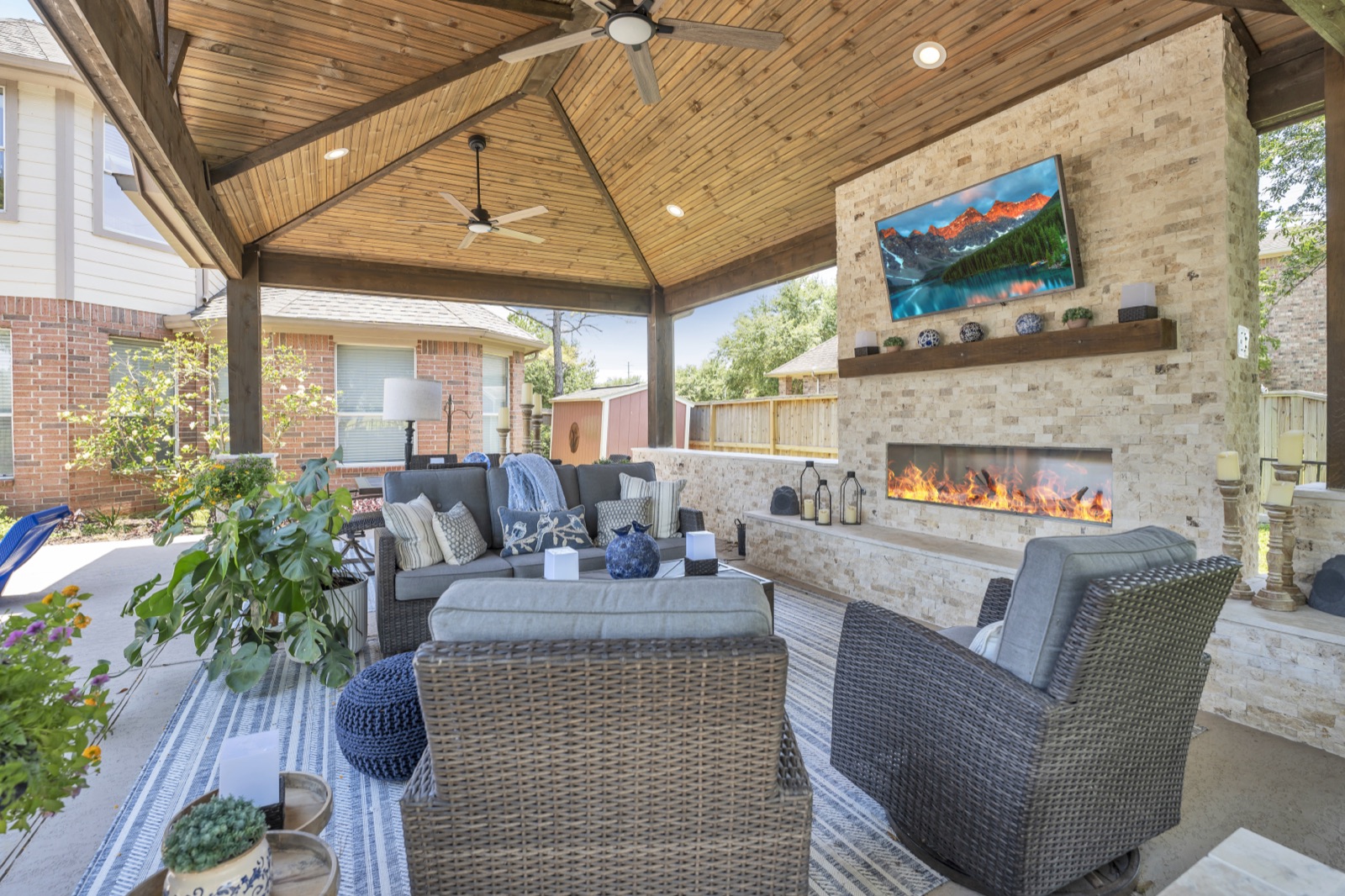 Outdoor living pavilion with fireplace in Houston