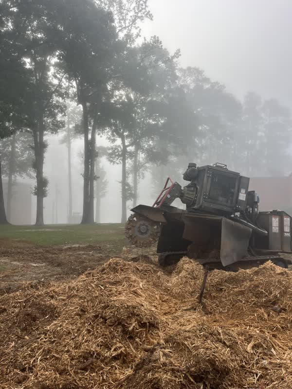 Burton Stump Removal grinder throwing chips and dust while cutting a large stump