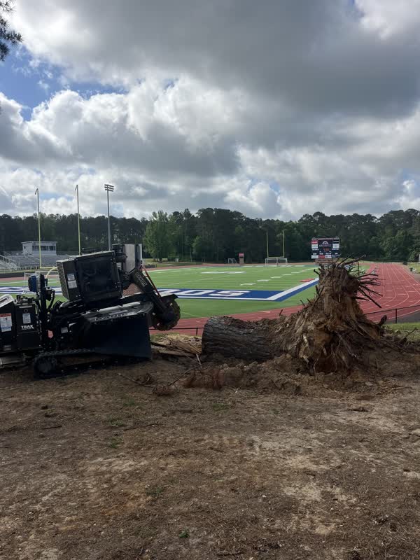 Stump grinder cutting a stump down beside a ball field before cleanup