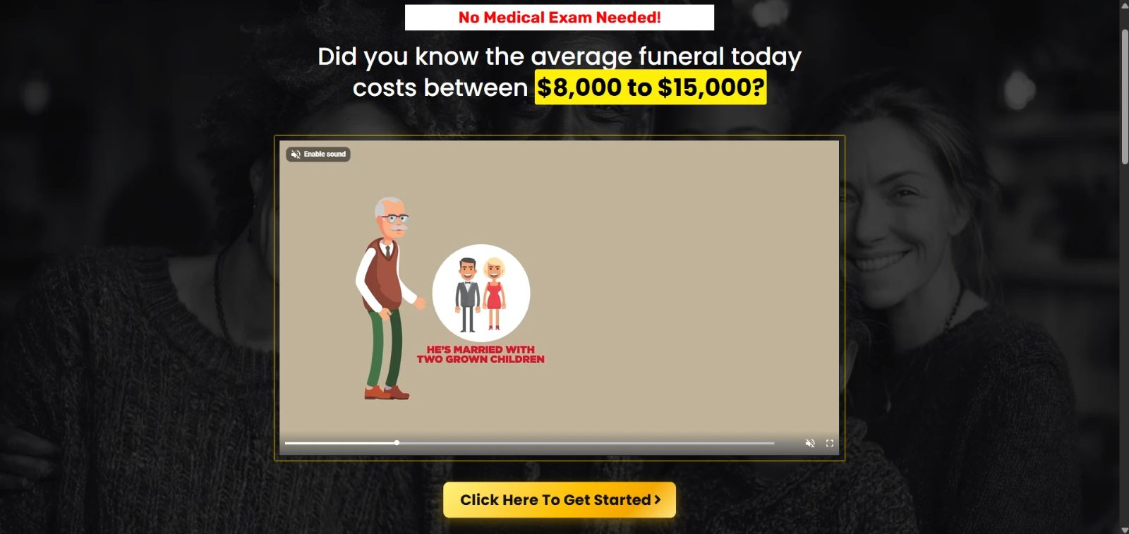 Final expense insurance VSL landing page hero with video and headline about funeral costs