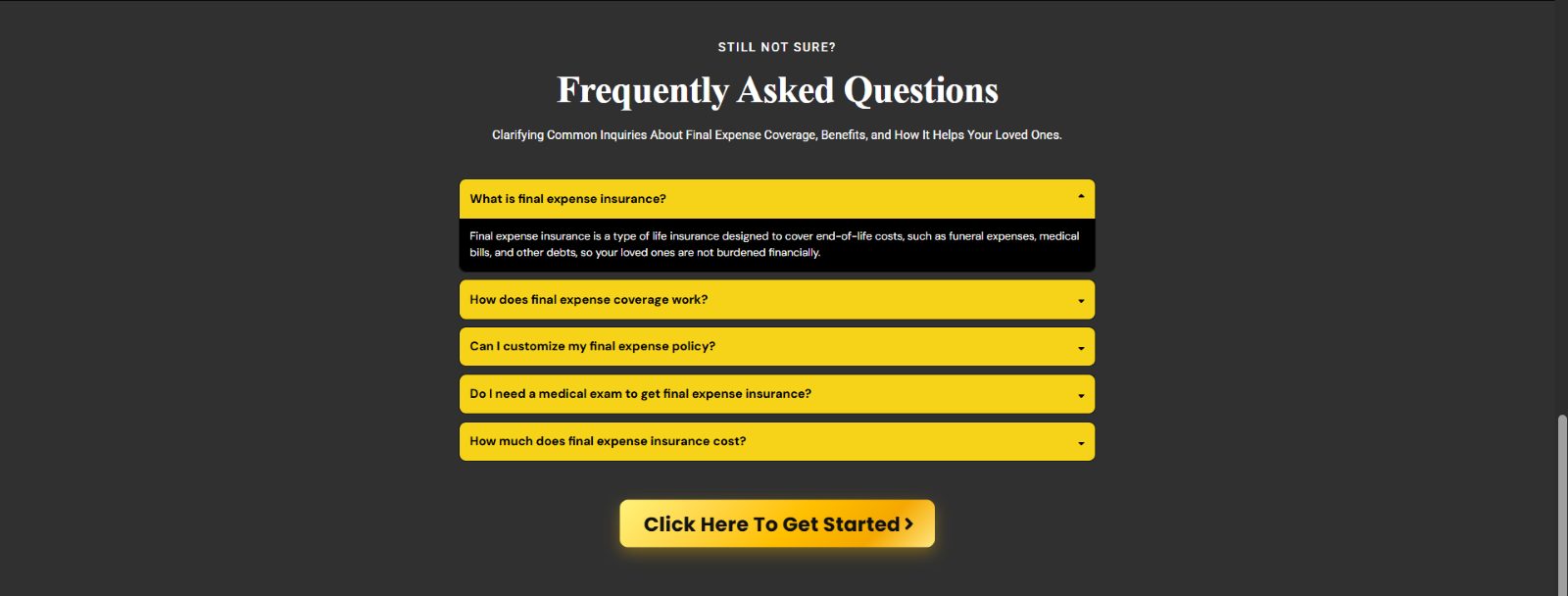 FAQ accordion section of the final expense insurance funnel