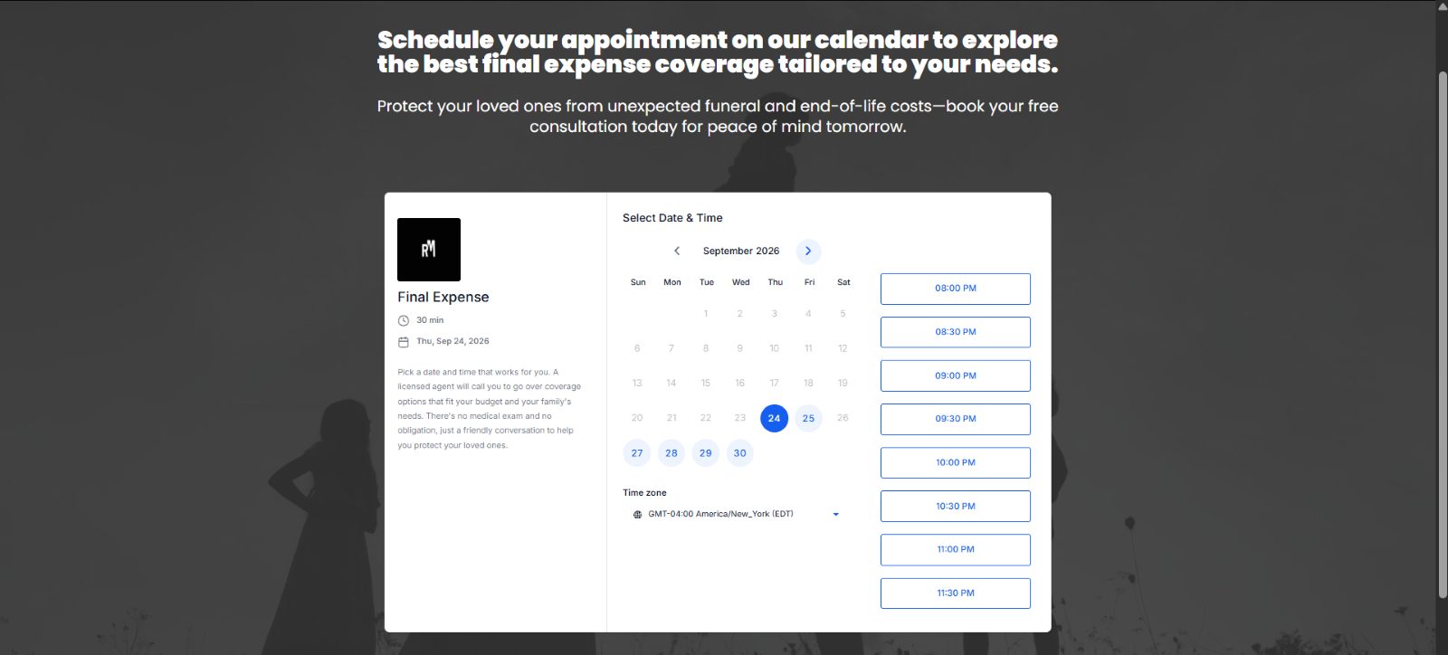 Calendar booking page where visitors schedule a final expense consultation with an agent