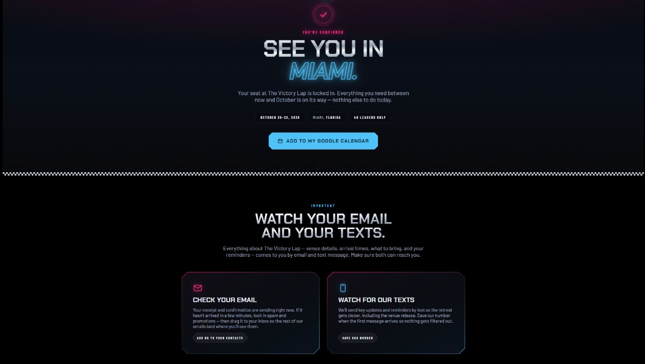See You in Miami thank you page with Add to my Google Calendar button