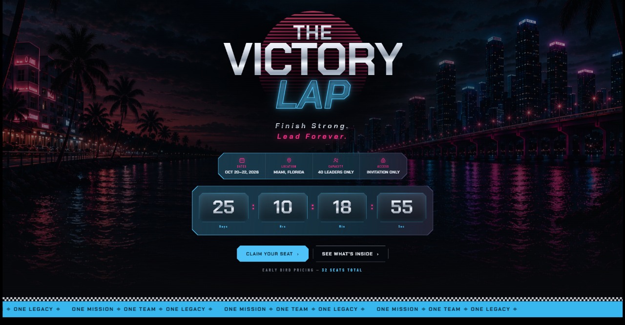 The Victory Lap sales page hero with neon Miami skyline and countdown timer