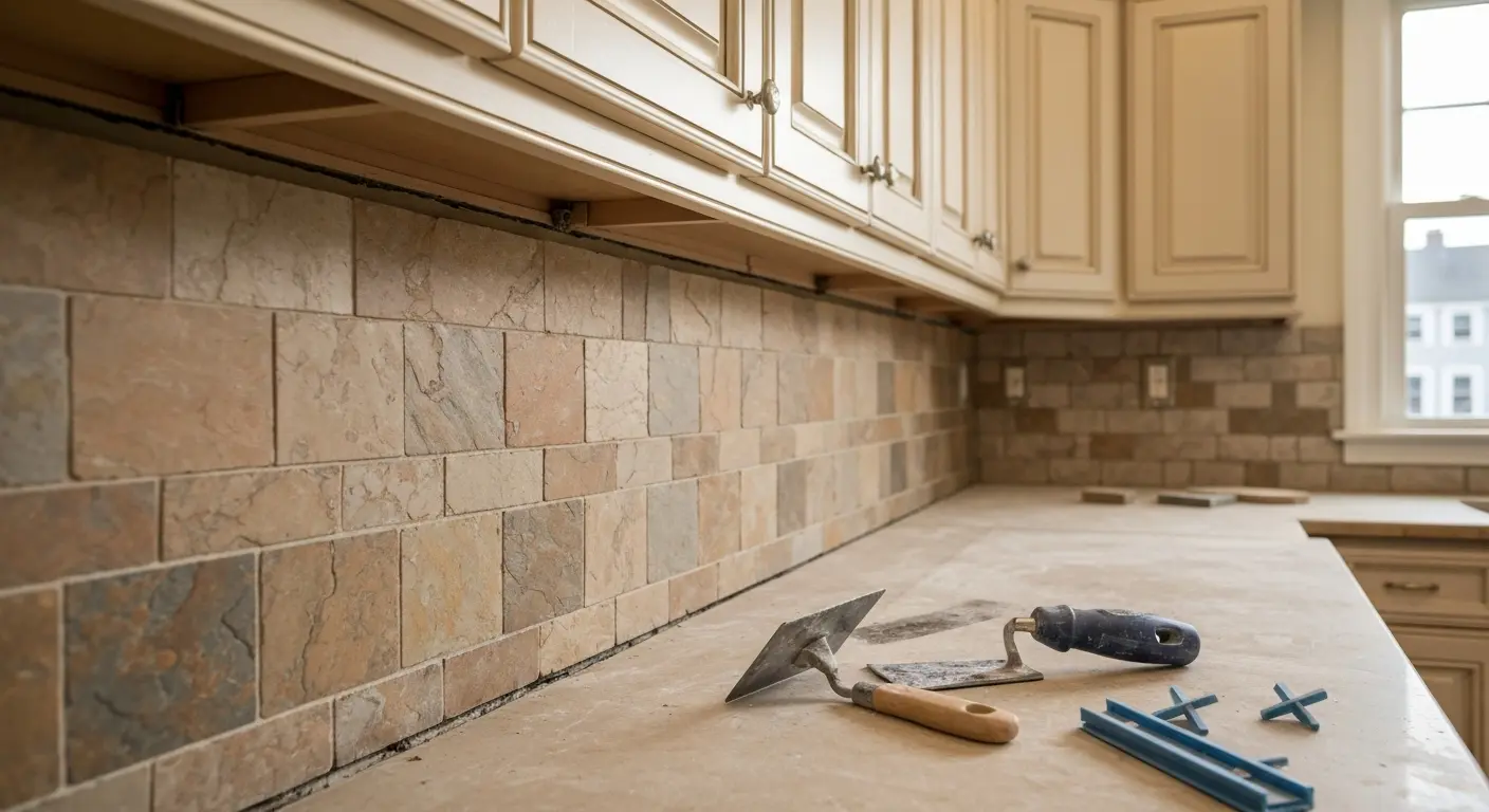 Natural stone backsplash installation