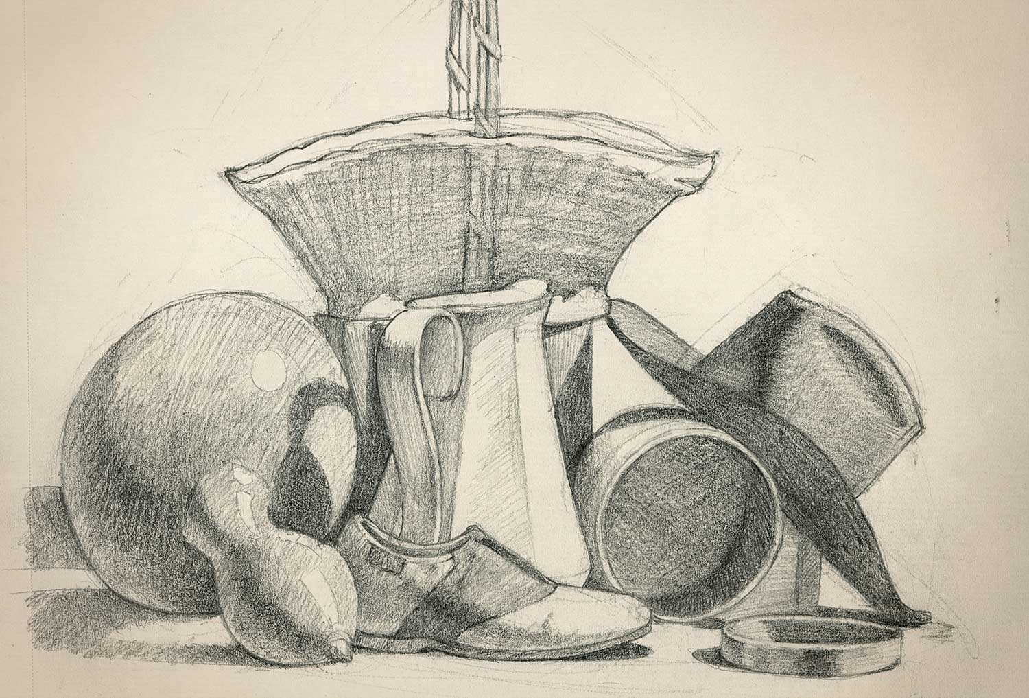 Basic Drawing still life study with shaded pitcher, sphere, and basket