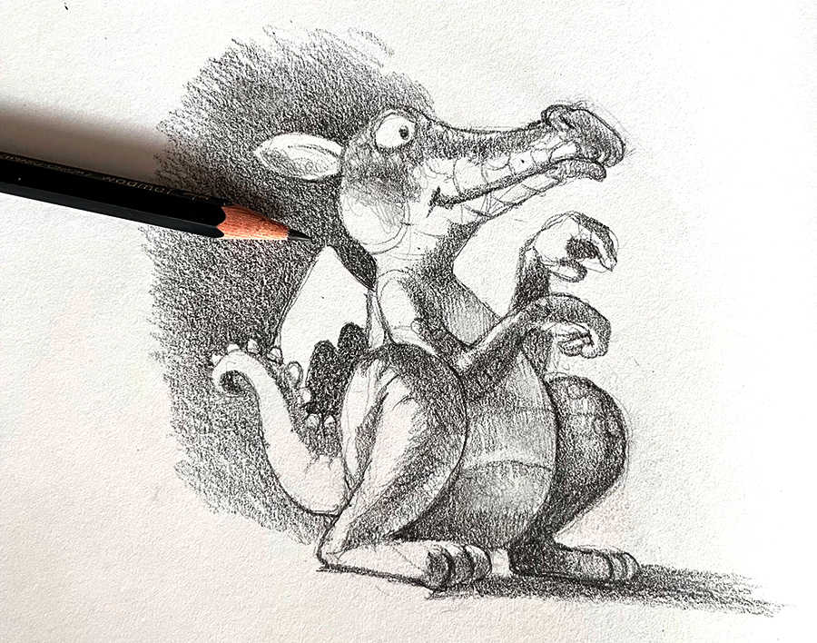 Pencil drawing of an expressive creature with shading and highlights