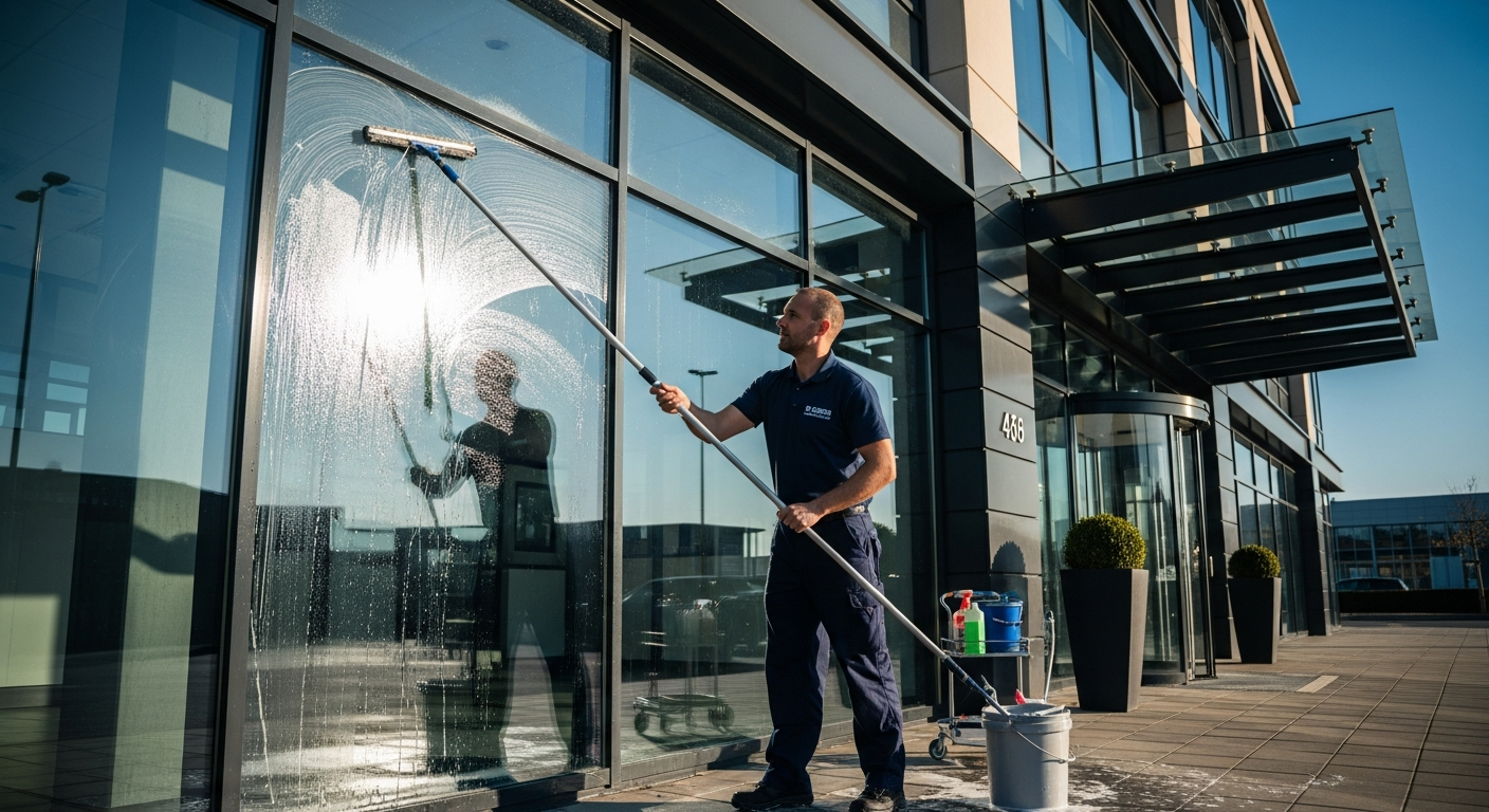 Professional window cleaner on a ground-level commercial building in Atlanta