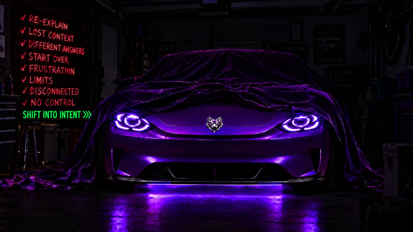 Covered purple sports car glowing in a dark garage with a wolf emblem and a red checklist of AI frustrations