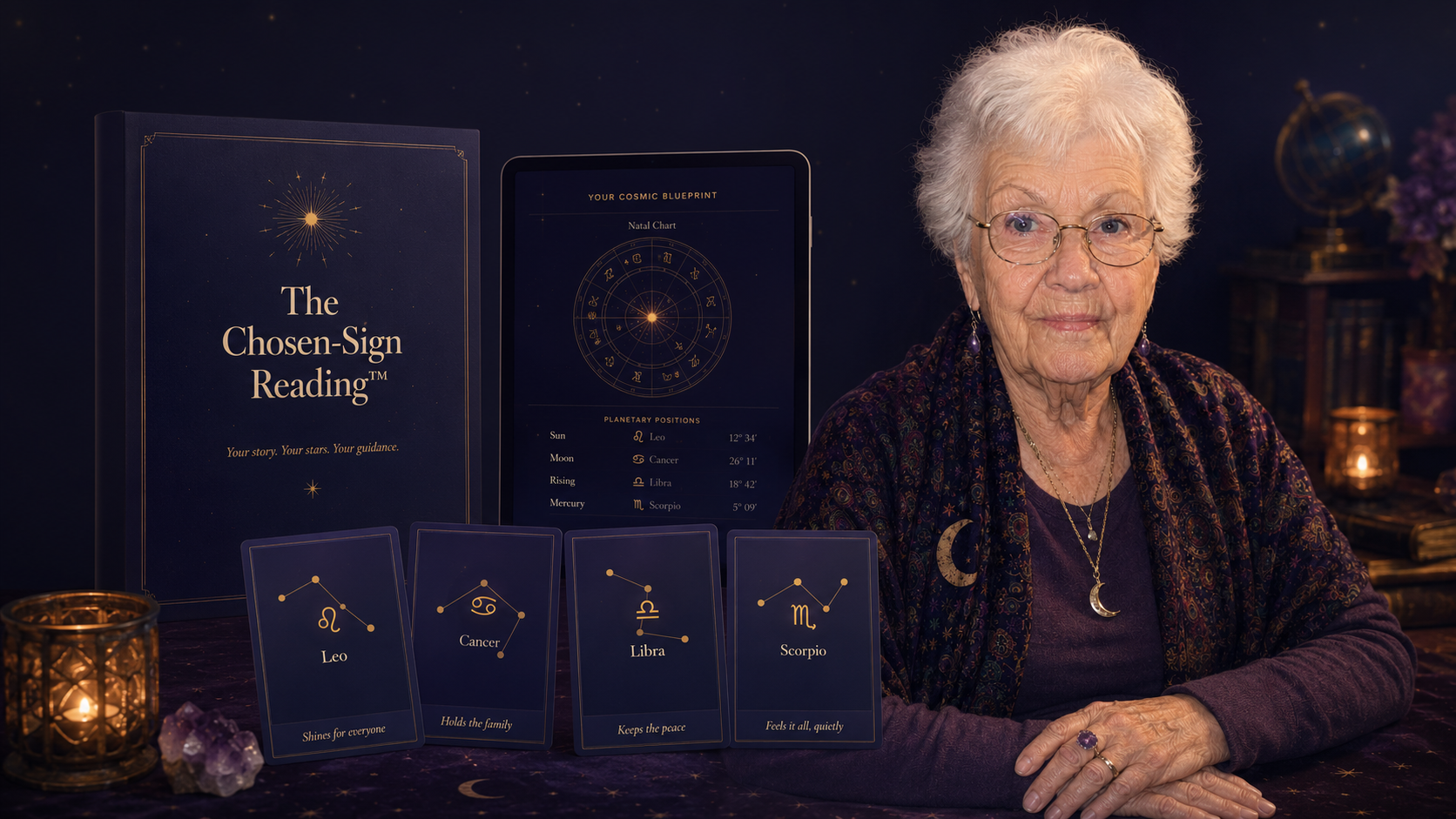 The Chosen-Sign Reading — the keepsake book, your natal chart on a tablet, the four sign cards, and Evelyn at her table