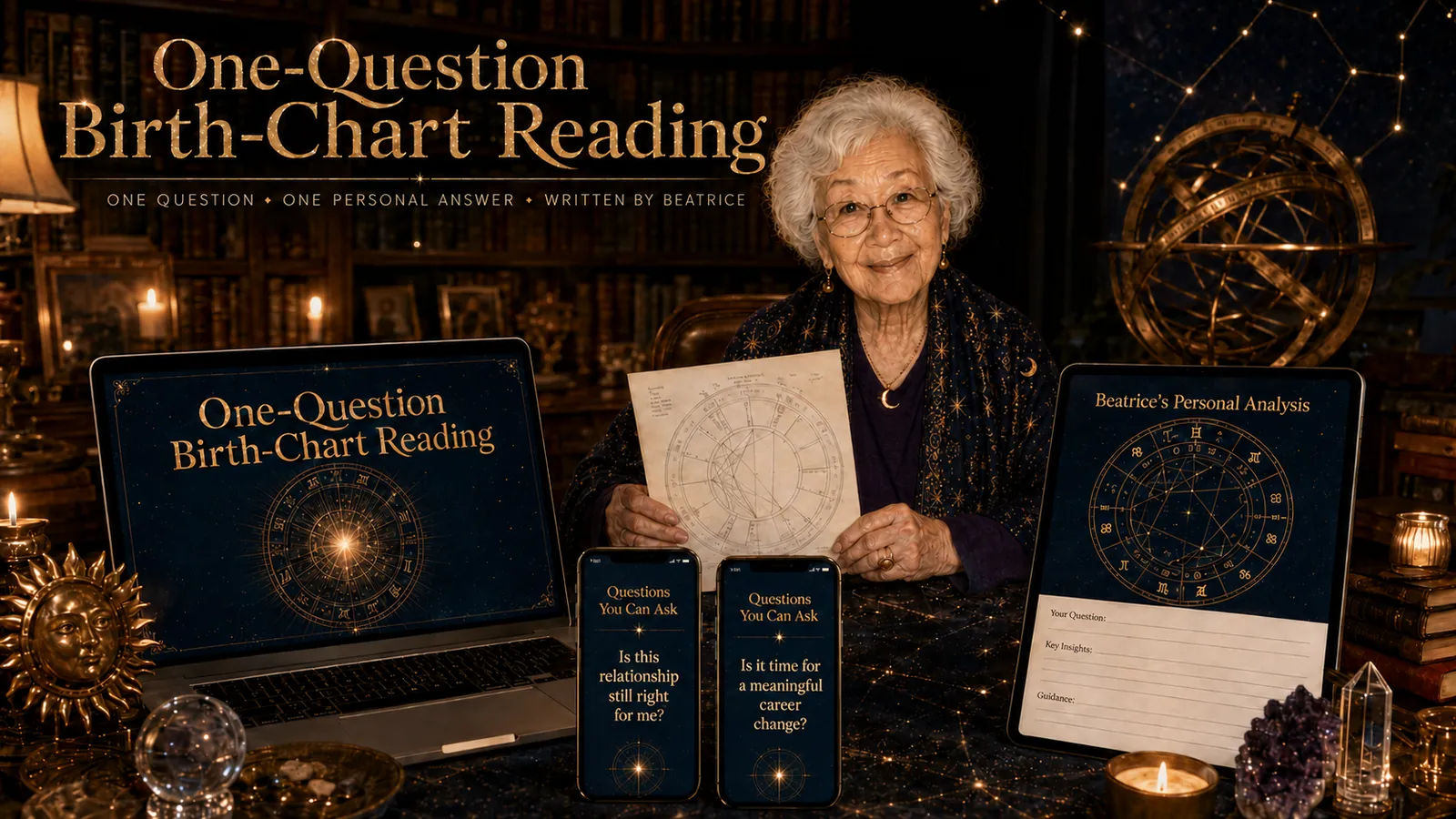 One-Question Birth-Chart Reading with Beatrice Cho &mdash; a birth chart reading and a written answer to one question, shown on laptop, tablet and phone