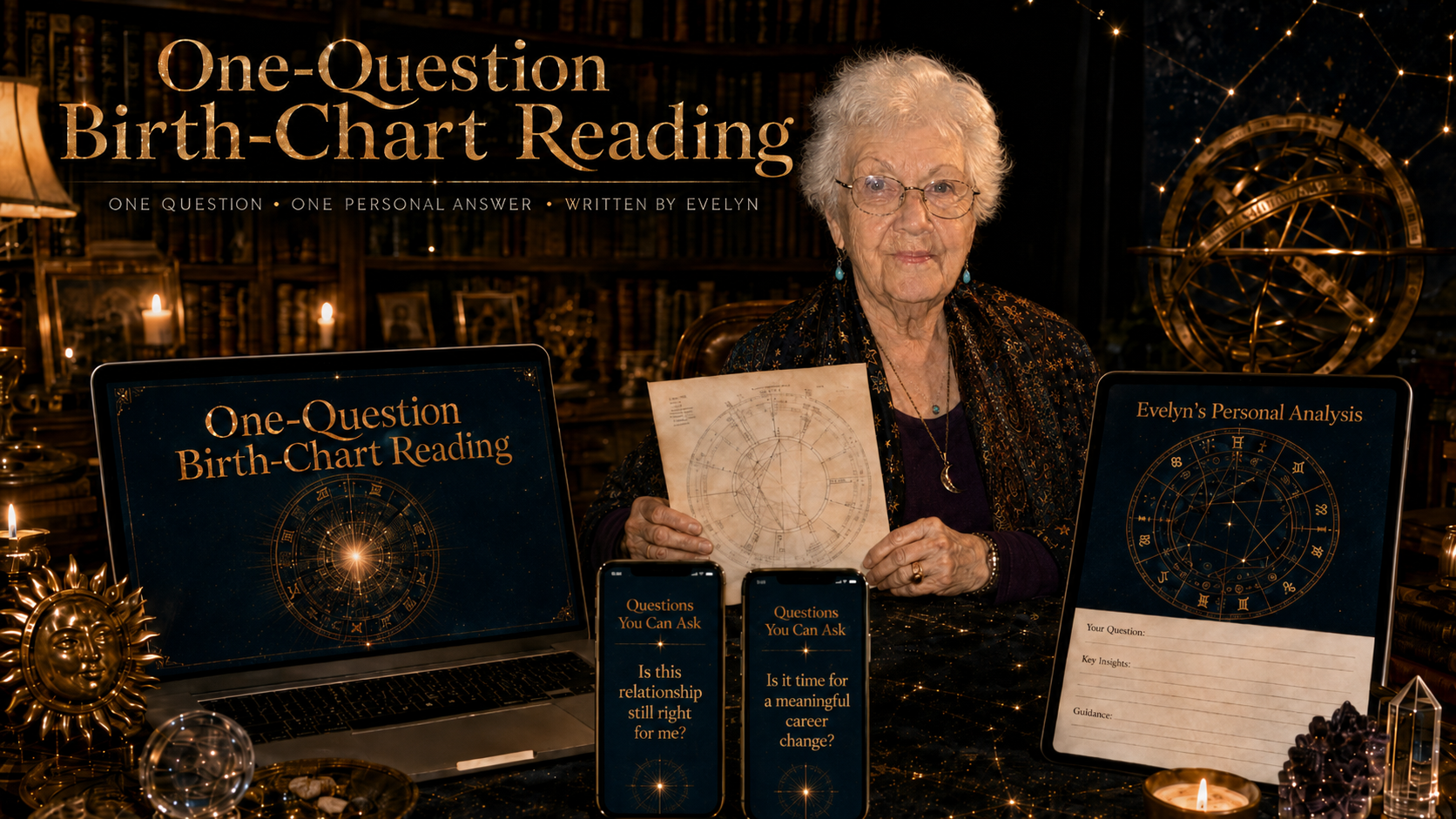 One-Question Birth-Chart Reading with Evelyn Williams &mdash; a birth chart reading and a written answer to one question, shown on laptop, tablet and phone