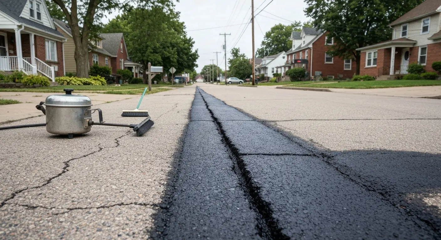 Crack filling and pothole repair on residential street