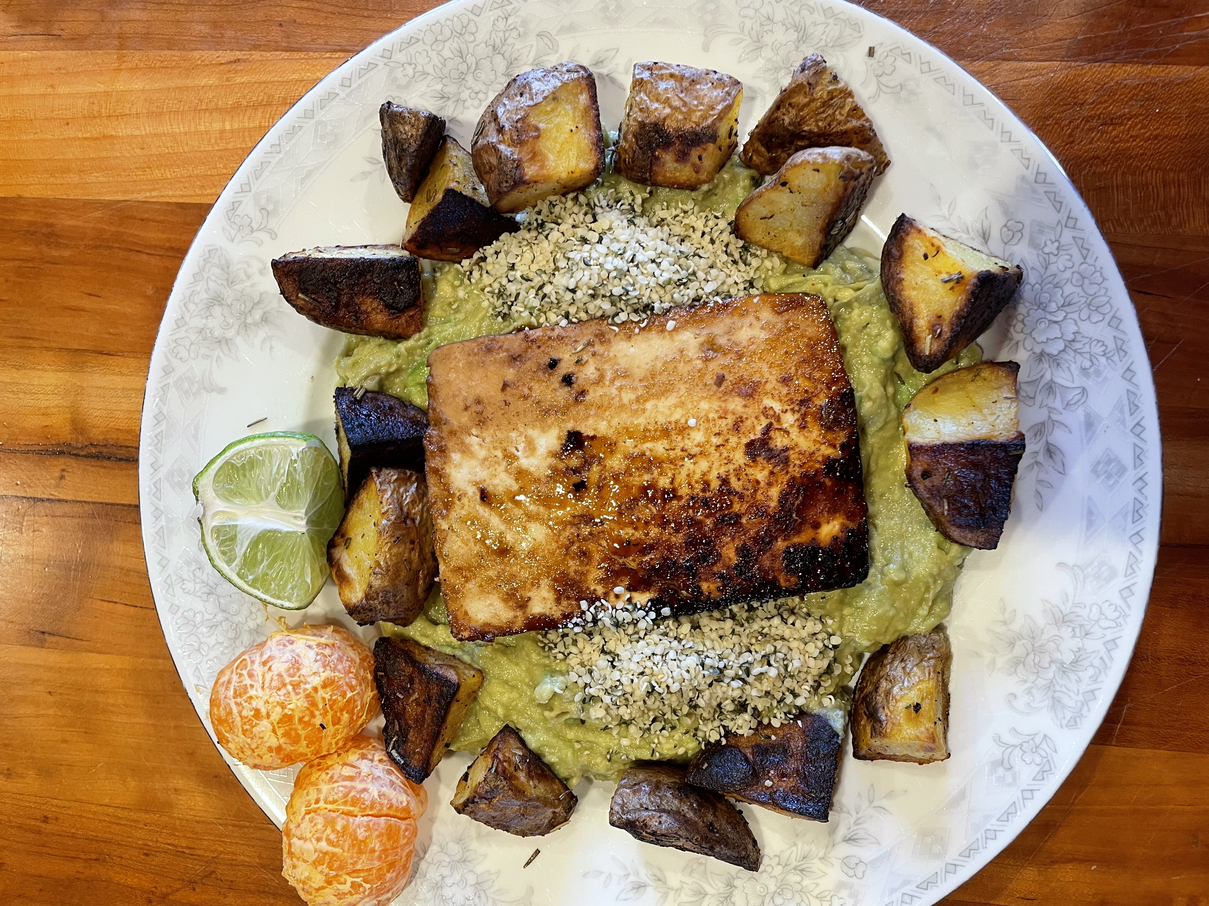 Teriyaki Glazed Tofu, Miso Guac, Roasted Rosemary Potatoes