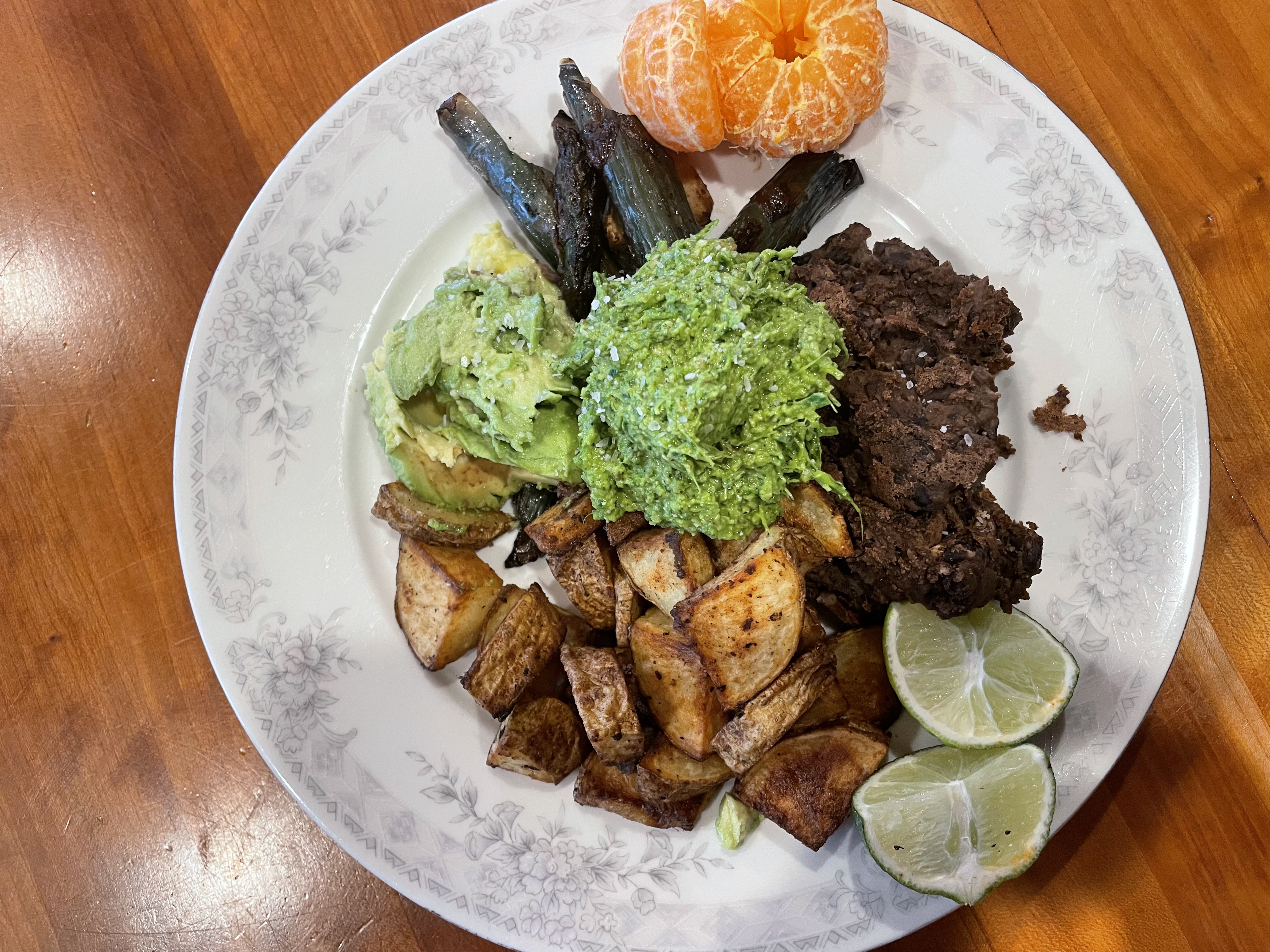 Beans, Roasted Rosemary Potatoes, Asparagus, Avocado, Pesto