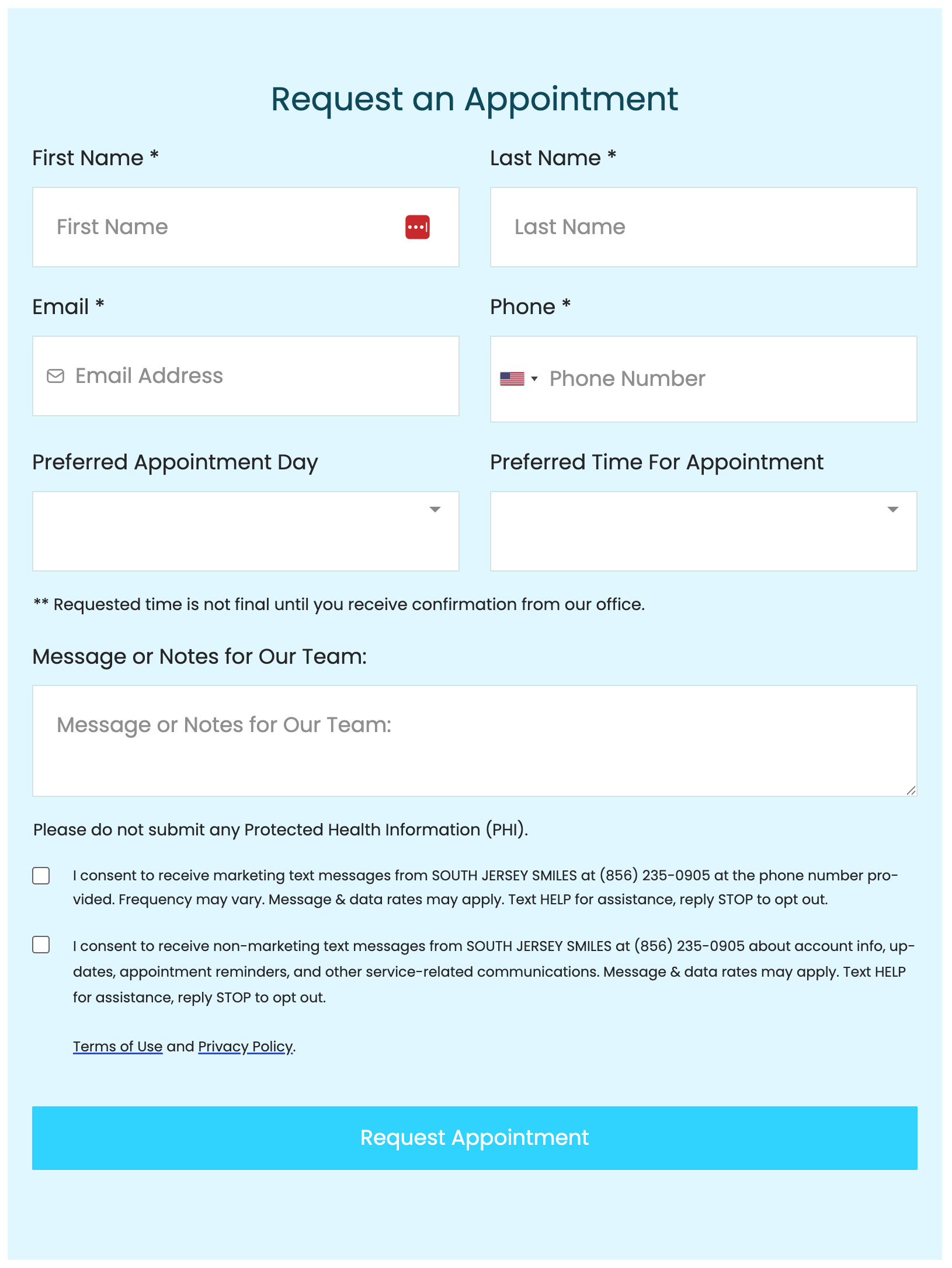 SMS consent checkboxes on appointment request form