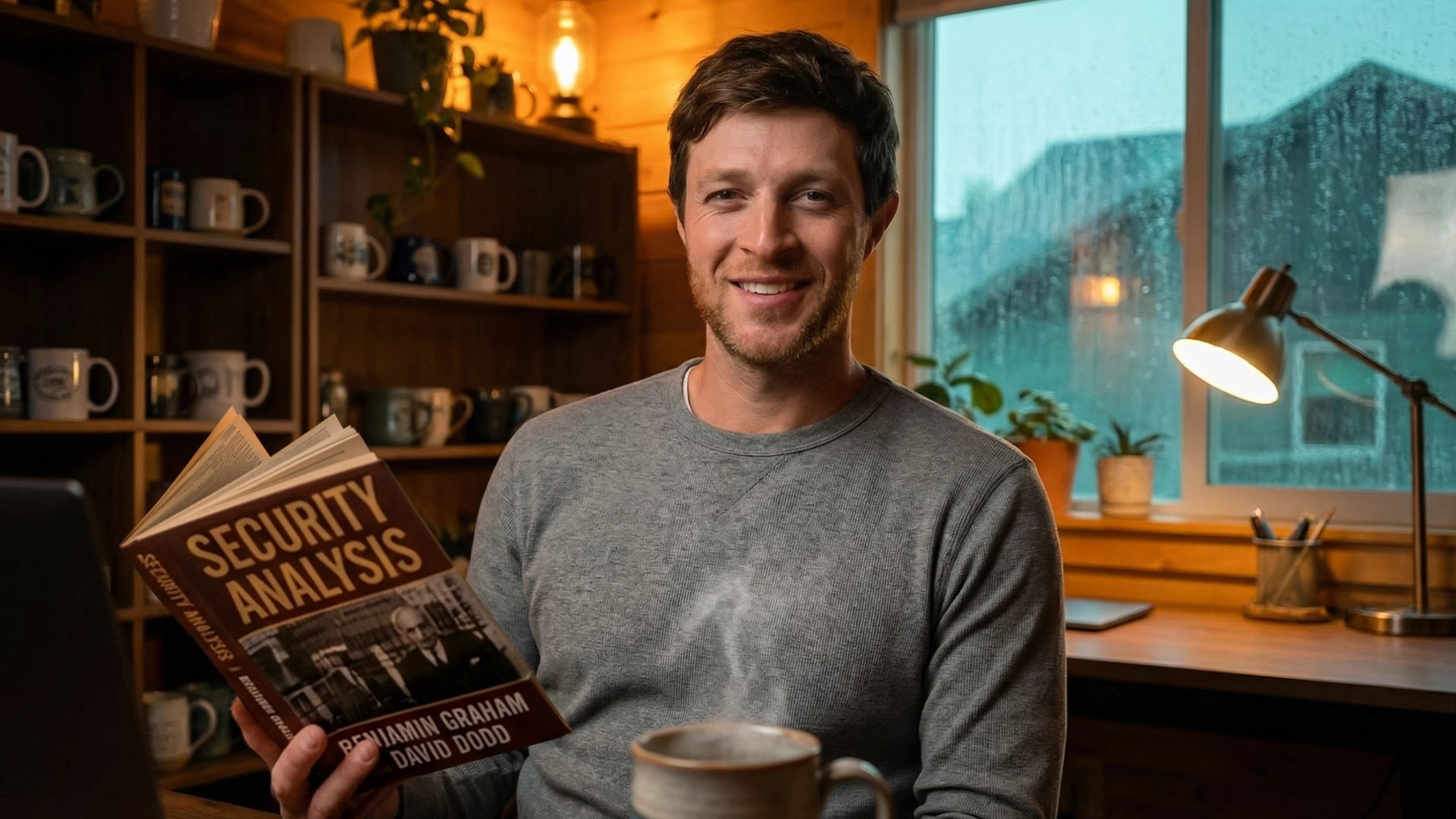Ron Artzberger, smiling, sitting in his home office reading the book Security Analysis