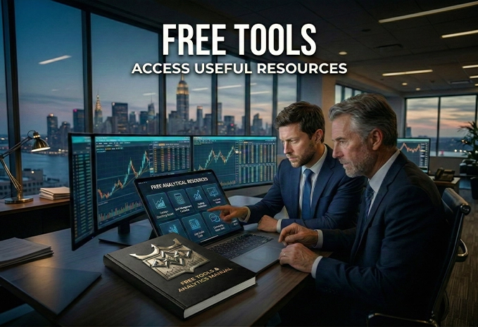 Two professional day traders analyzing stock charts on multiple monitors, featuring the Wall Street Sicarios Free Tools and Analytics Manual