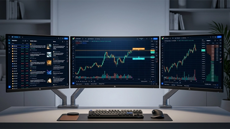 A professional trader's desk showing how to properly set trading alerts for optimal entry and exit points on a stock chart.