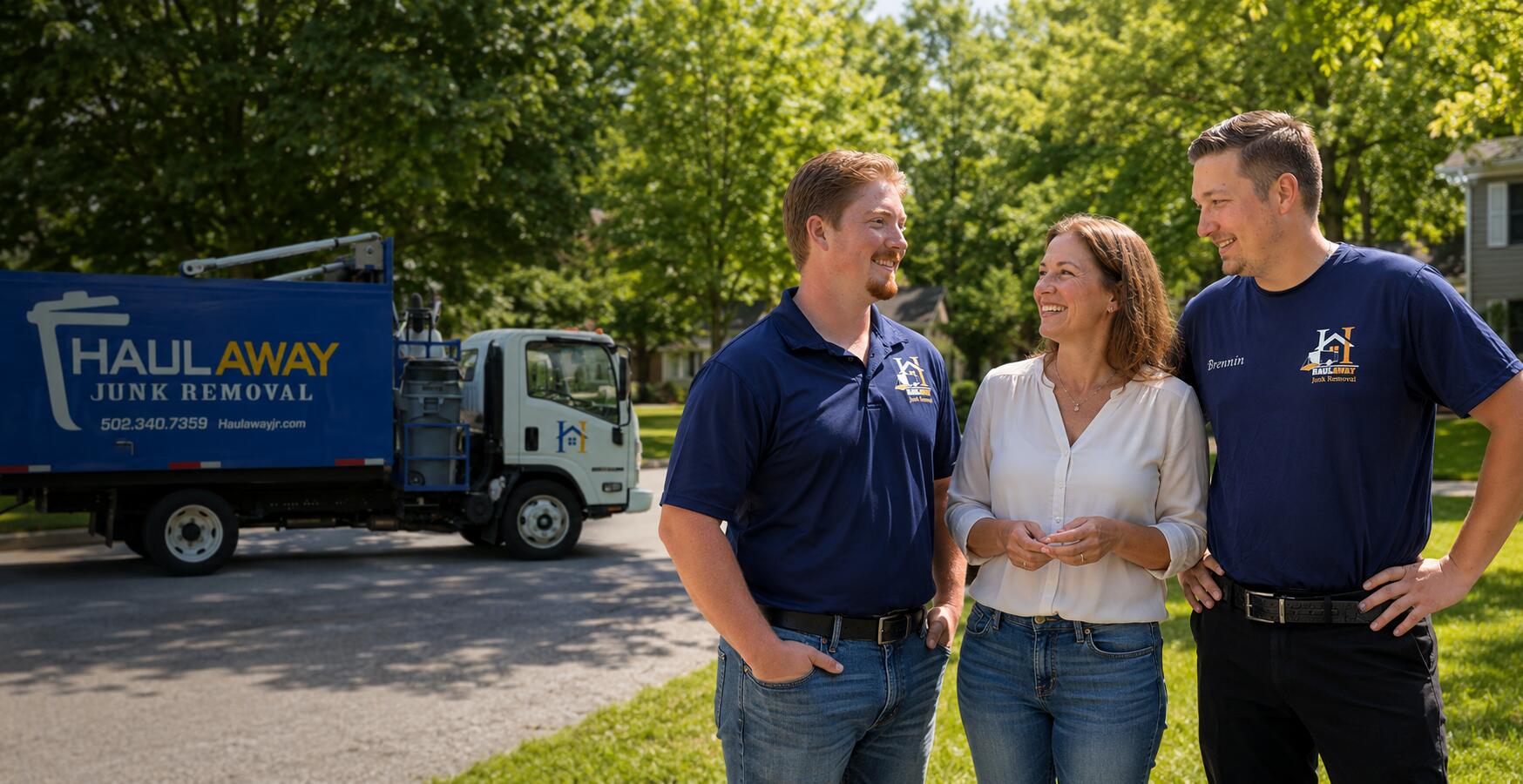 Blake Ackerson, owner of Haulaway Junk Removal, standing with the team truck and trailer