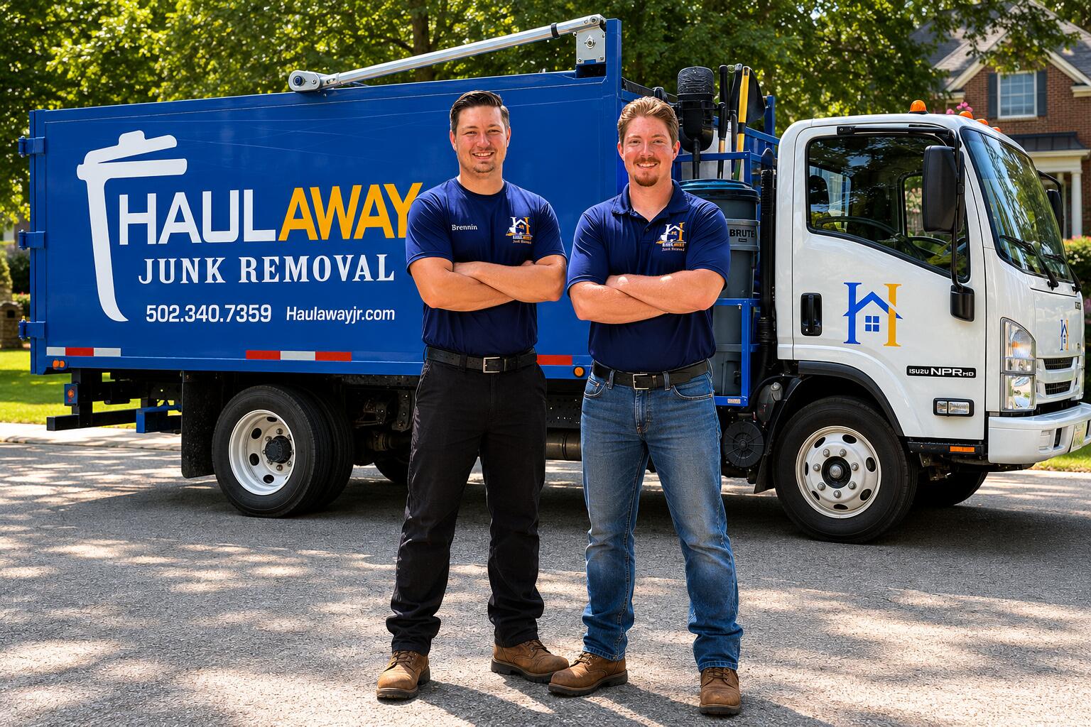 Blake Ackerson shaking hands with a satisfied Haulaway Junk Removal customer