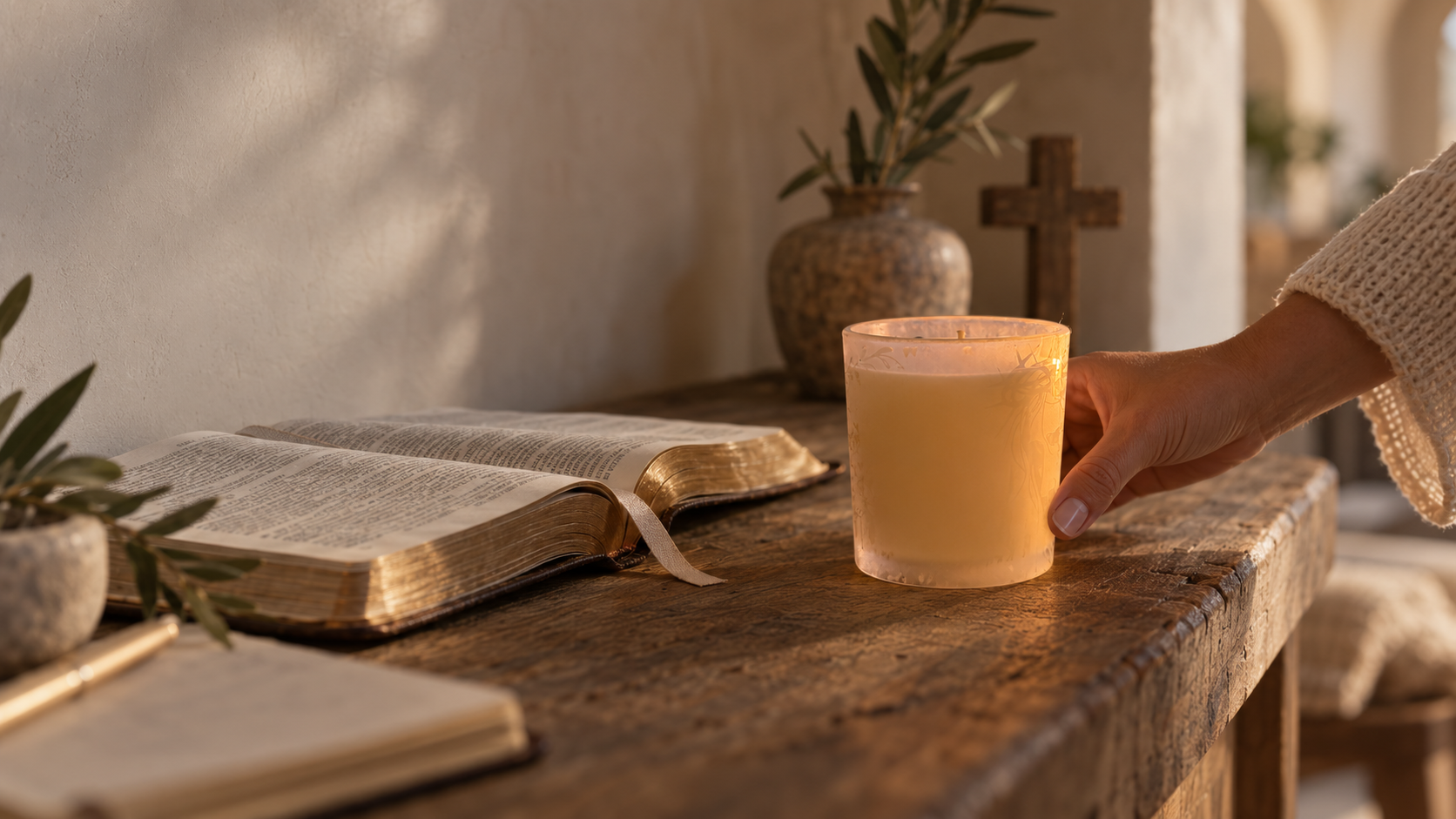 A lit Casa Selah candle on a wooden table beside an open Bible and a wooden cross.