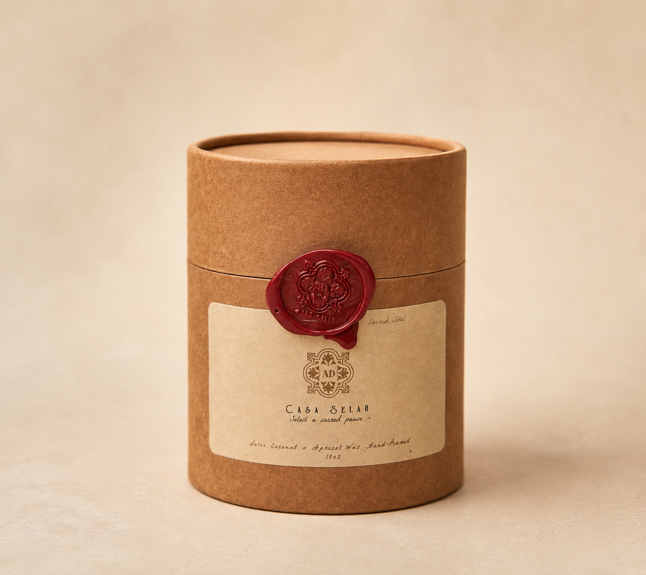 Casa Selah kraft vessel closed with a crimson wax seal bearing the house mark.
