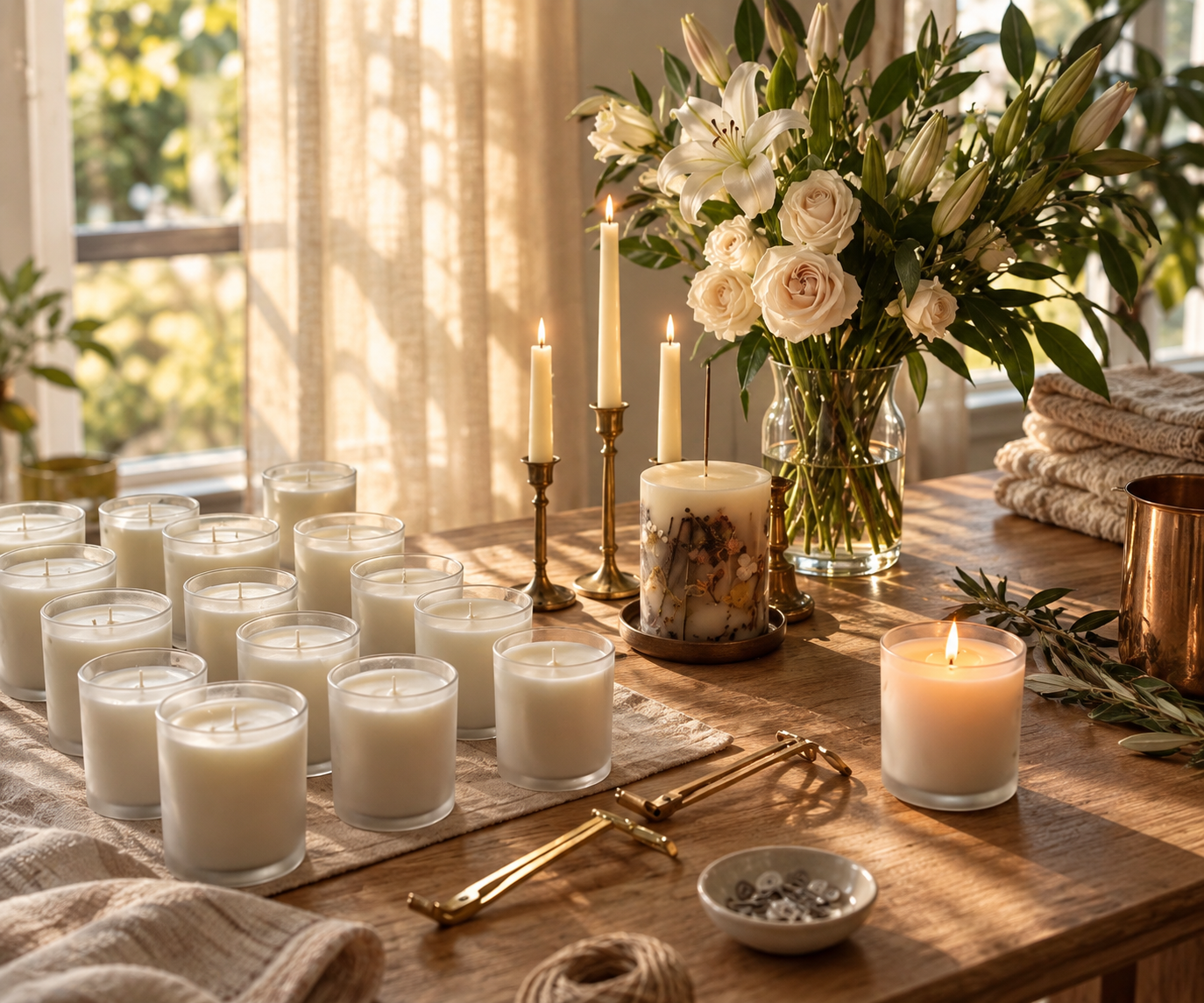 Freshly poured Casa Selah candles resting on a wooden table as the wax sets in the morning light.