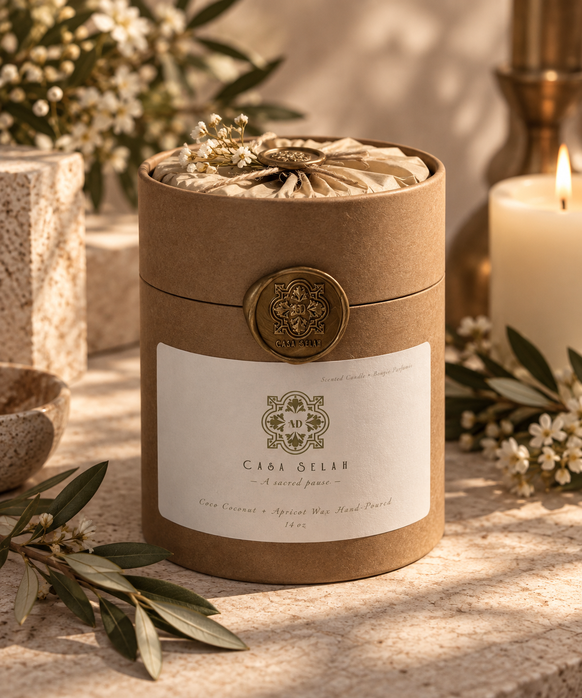 A Casa Selah candle nestled in its open kraft vessel, dressed with dried blossoms.