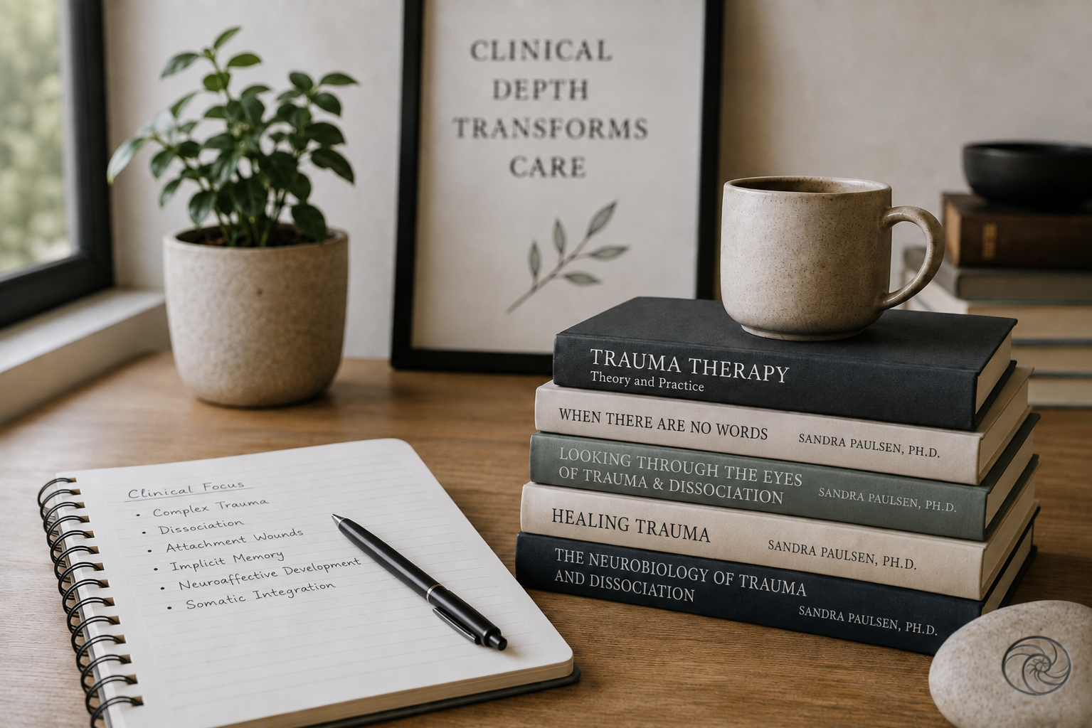 Professional therapy workspace featuring Sandra Paulsen trauma books, a clinical notebook, and resources for advanced trauma training.
