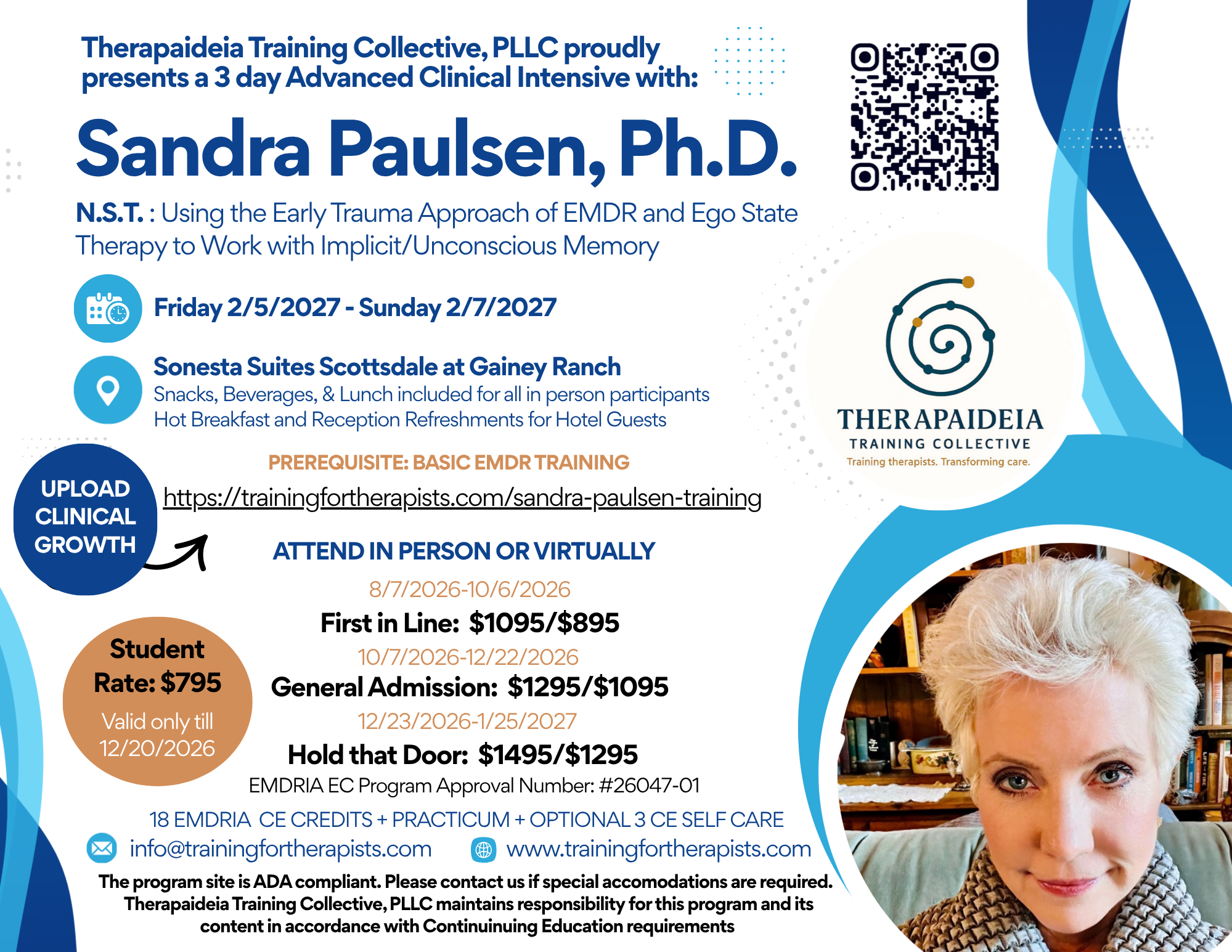 Sandra Paulsen three-day EMDR training in Scottsdale, Arizona with 18 EC EMDRIA credits and virtual attendance option. Sandra Paulsen three-day EMDR training in Scottsdale, Arizona with 18 EC EMDRIA credits and virtual attendance option.