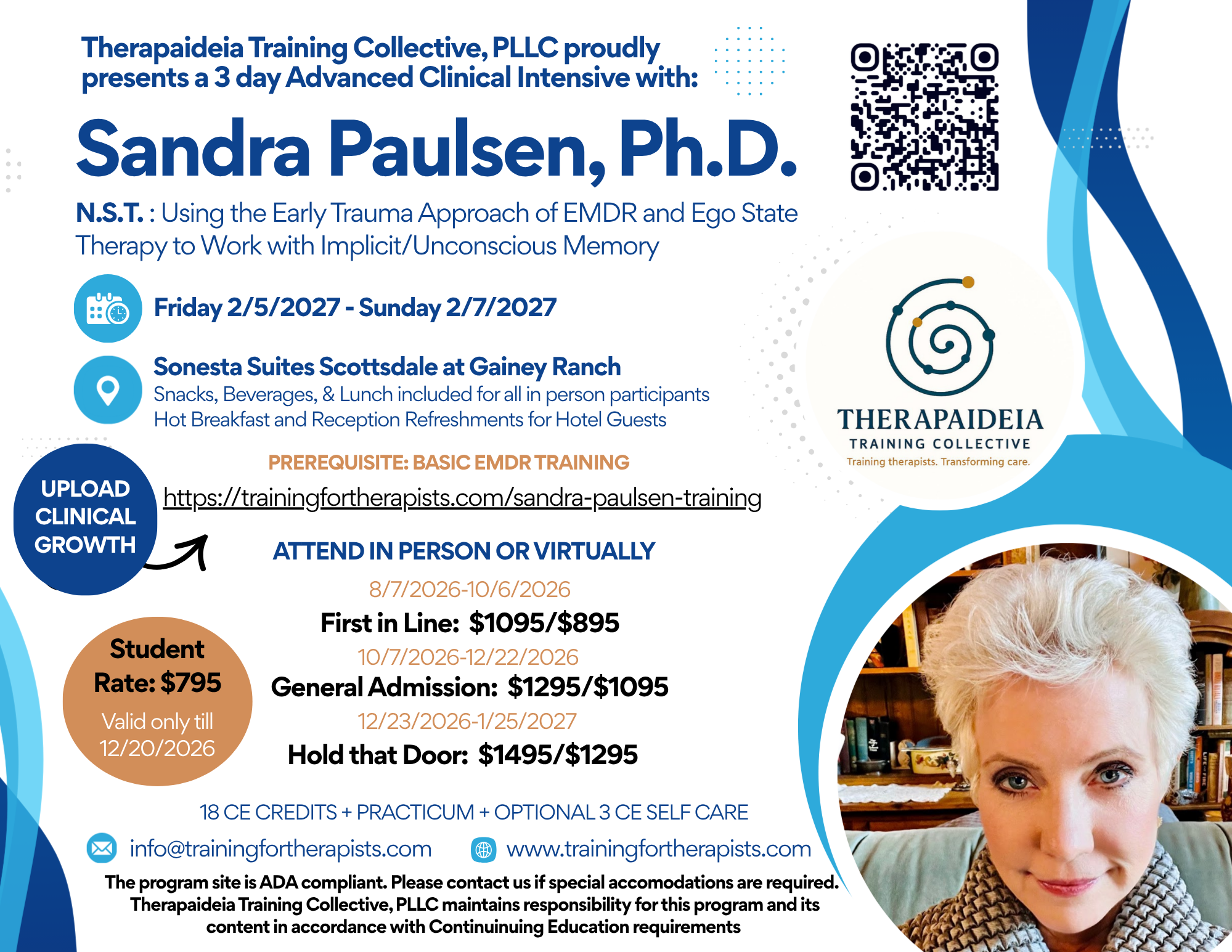 Sandra Paulsen advanced clinical intensive flyer for Therapaideia Training Collective, featuring N.S.T. training on EMDR, Ego State Therapy, implicit memory, practicum, CE credits, and in-person or virtual attendance.