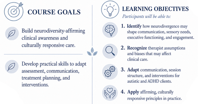 Neurodiversity-affirming care training for therapists focused on building cultural competence when working with neurodivergent clients.