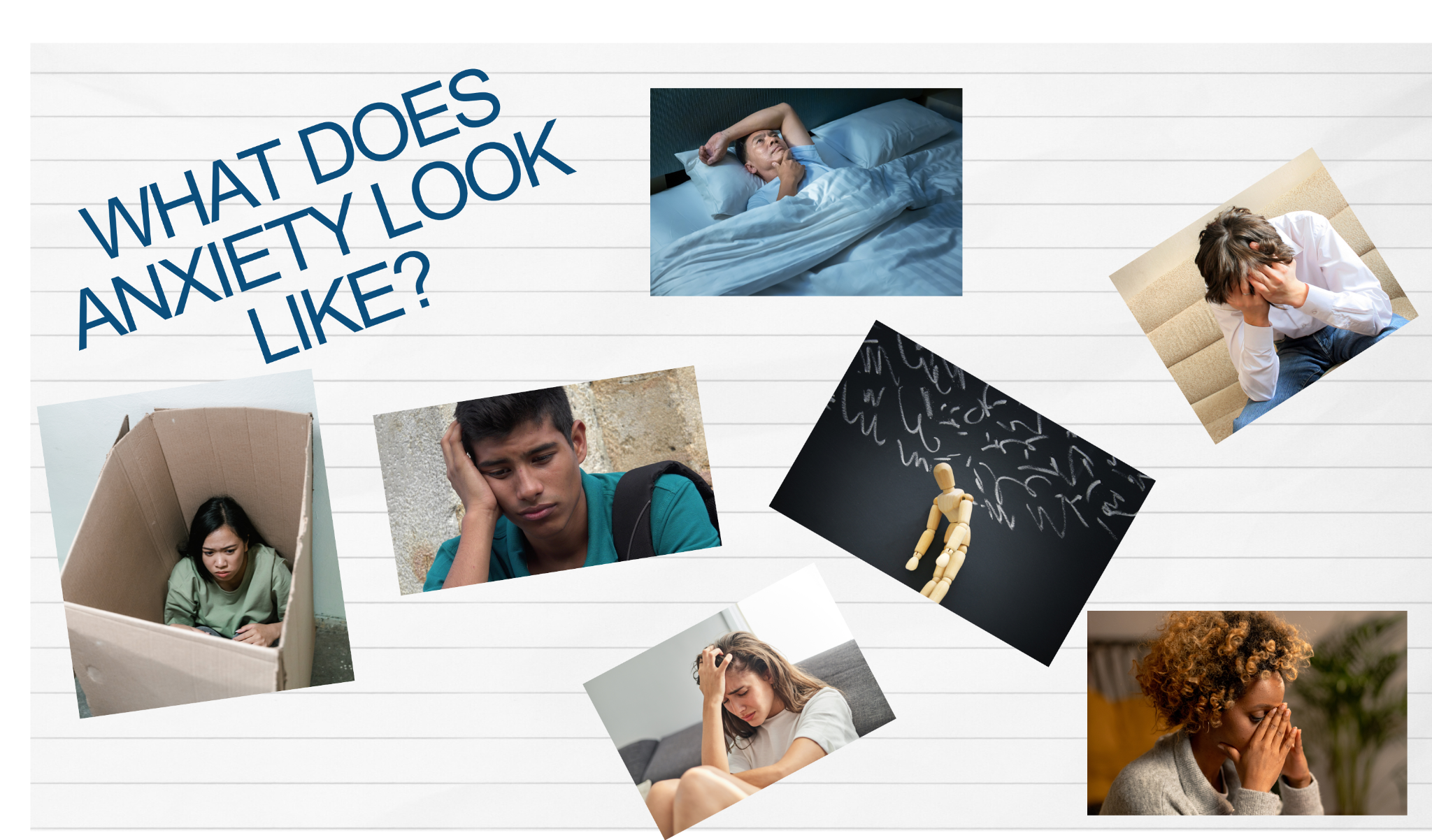 Collage illustrating what adolescent anxiety can look like, including worry, isolation, overwhelm, sleep difficulty, and emotional distress, for therapist continuing education on working with adolescents with anxiety.