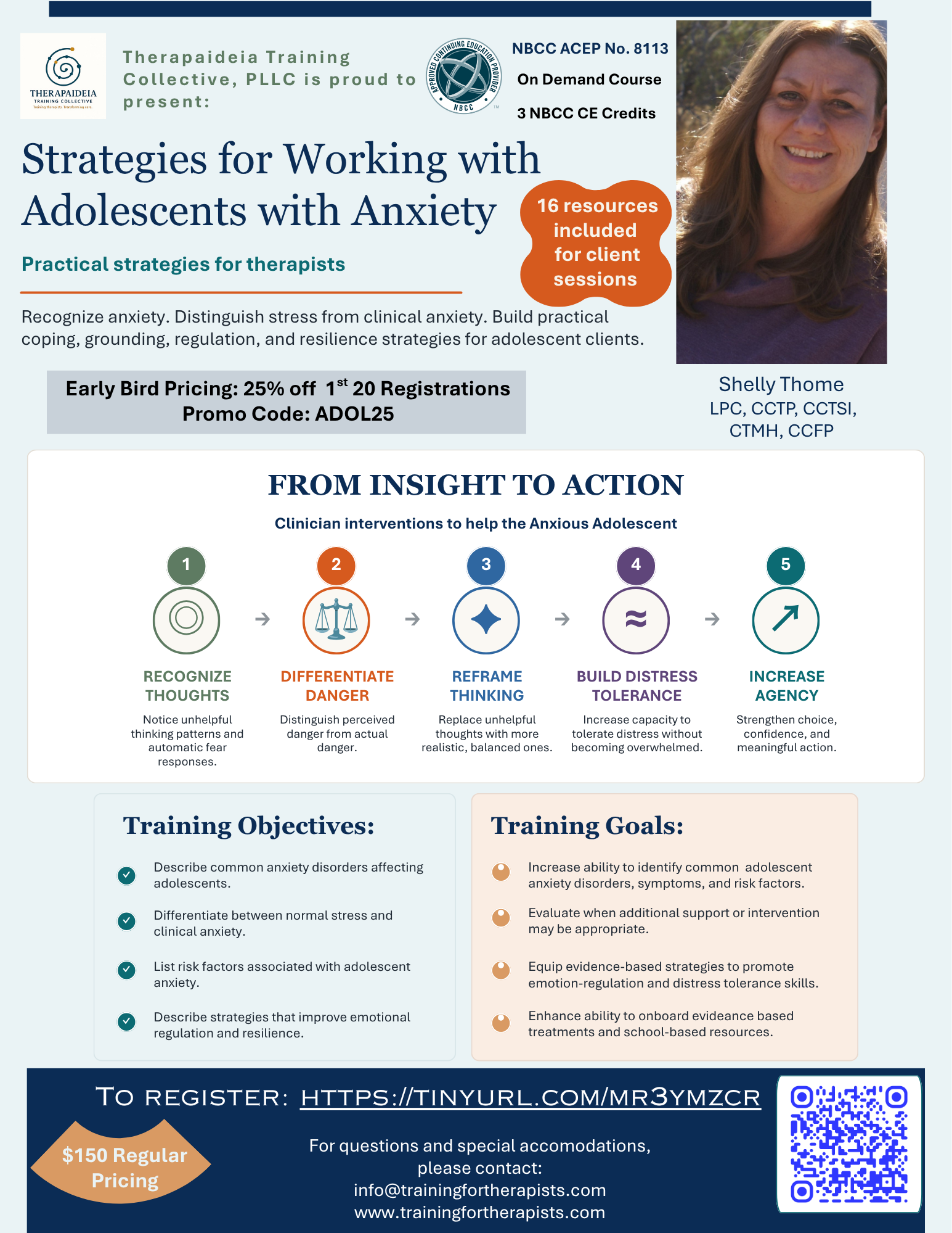 Training flyer for therapists on understanding anxiety in adolescents, including recognizing anxious thoughts, differentiating perceived from actual danger, reframing thinking, building distress tolerance, and increasing agency.