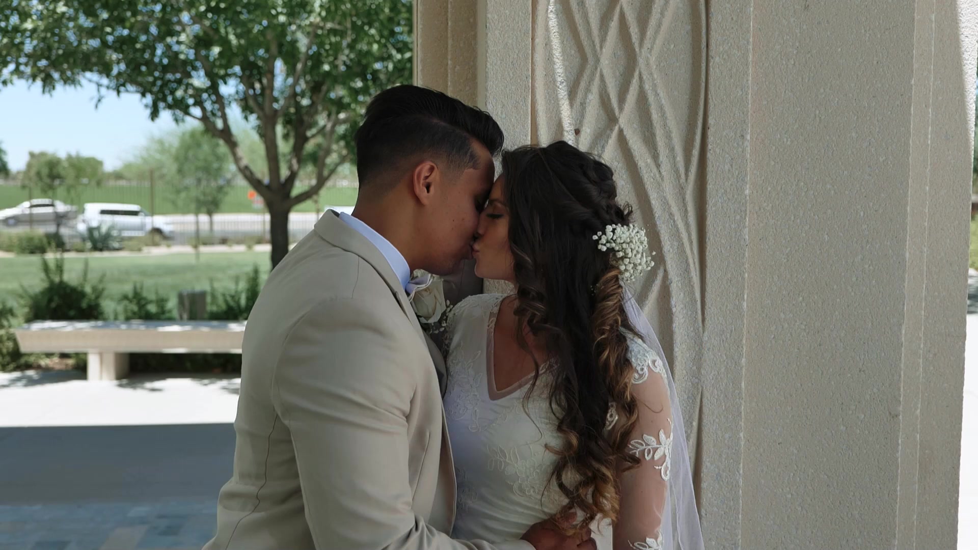 Bride and groom embracing in the Sonoran desert