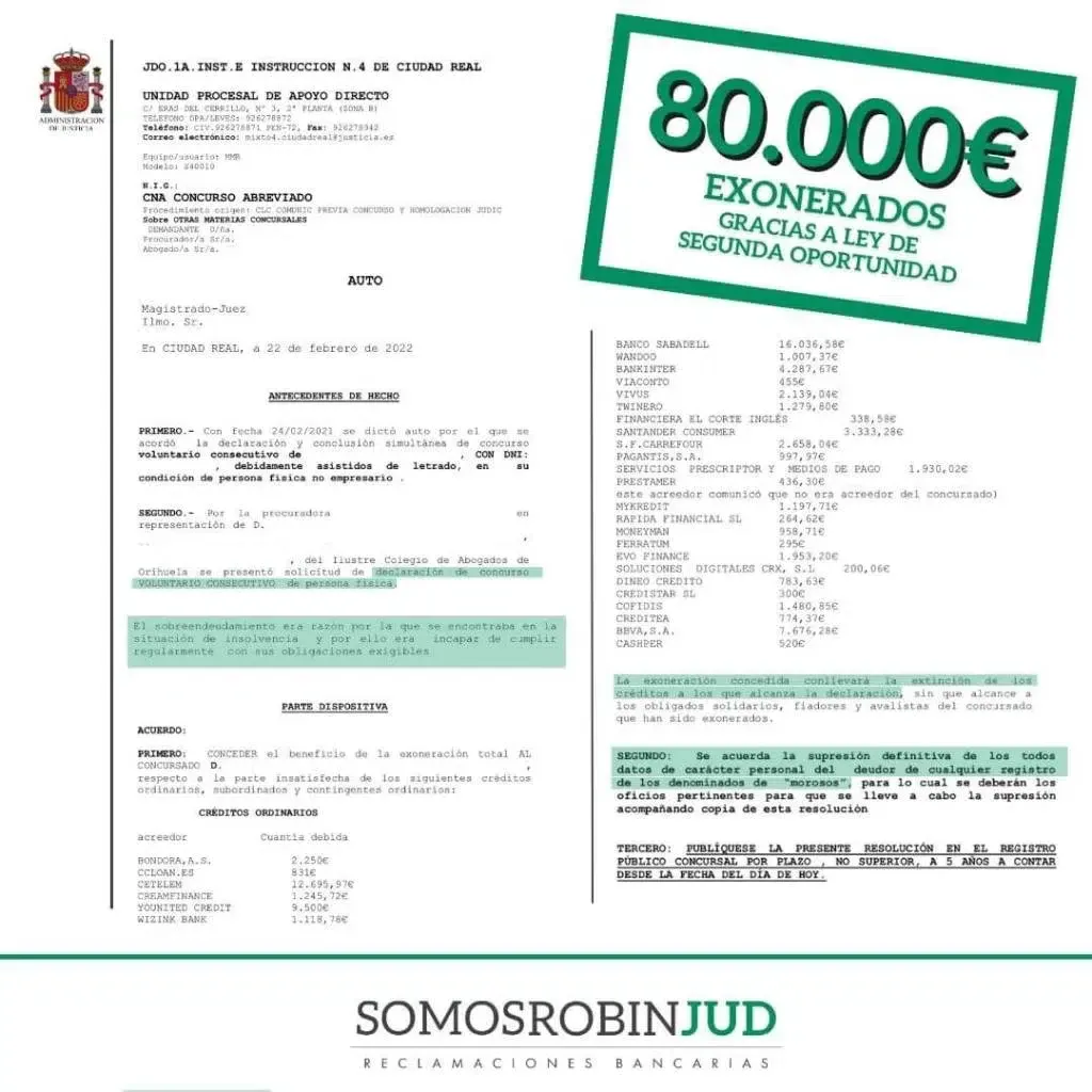 Sentencia de exoneración de deuda nº 3 conseguida por Somos RobinJud