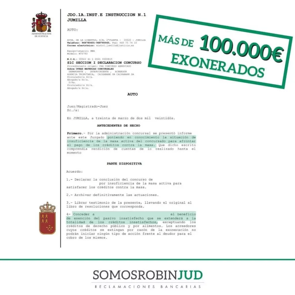 Sentencia de exoneración de deuda nº 4 conseguida por Somos RobinJud