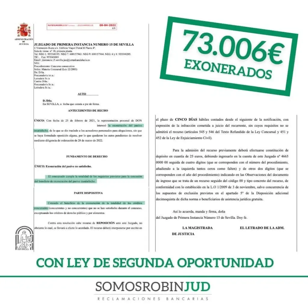 Sentencia de exoneración de deuda nº 2 conseguida por Somos RobinJud