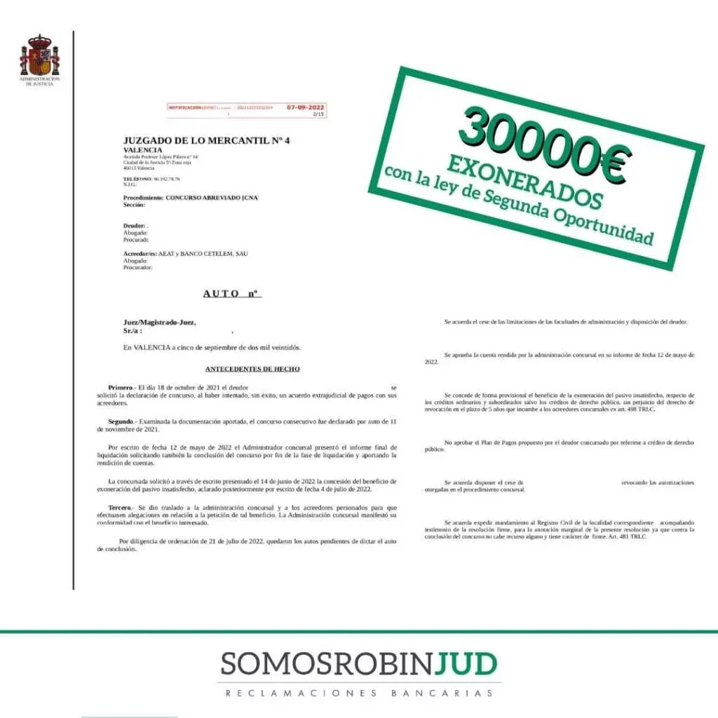 Sentencia de exoneración de deuda nº 1 conseguida por Somos RobinJud
