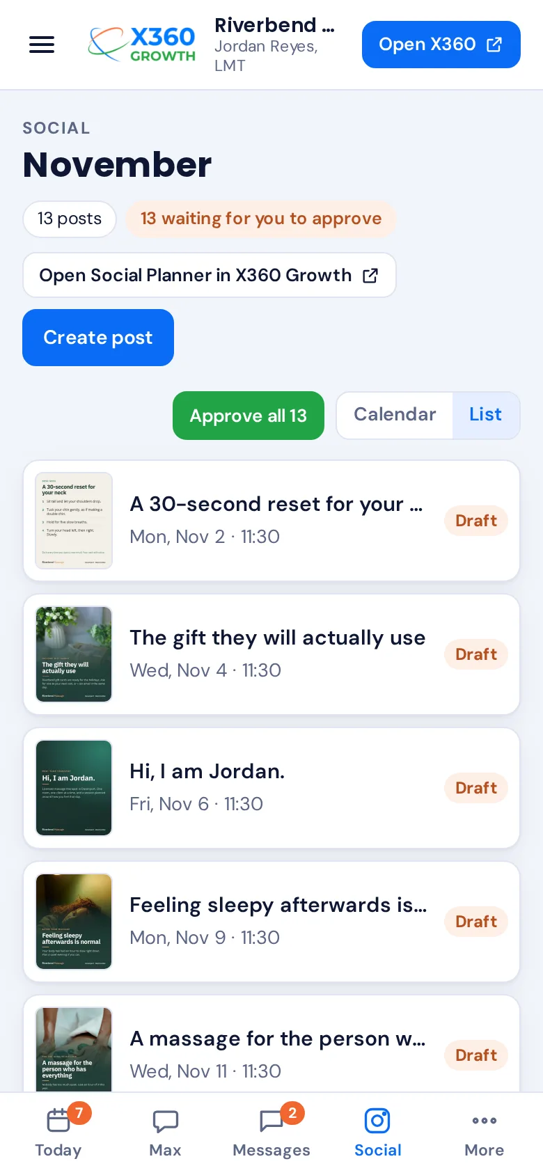 Max on a phone: a month of social posts waiting for approval (preview)