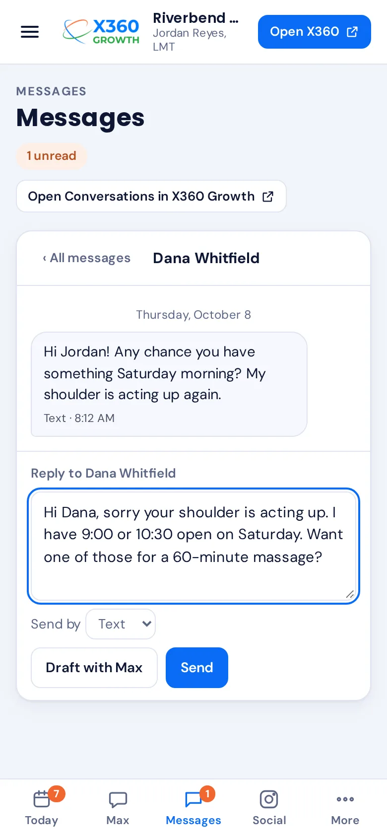 Max on a phone: a client text and a reply drafted by Max, ready to send