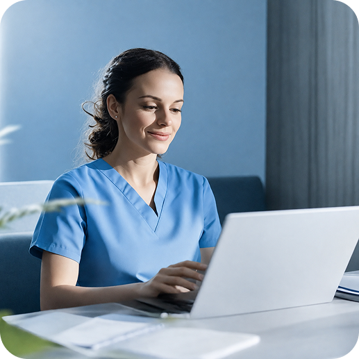 Healthcare receptionist working on a laptop