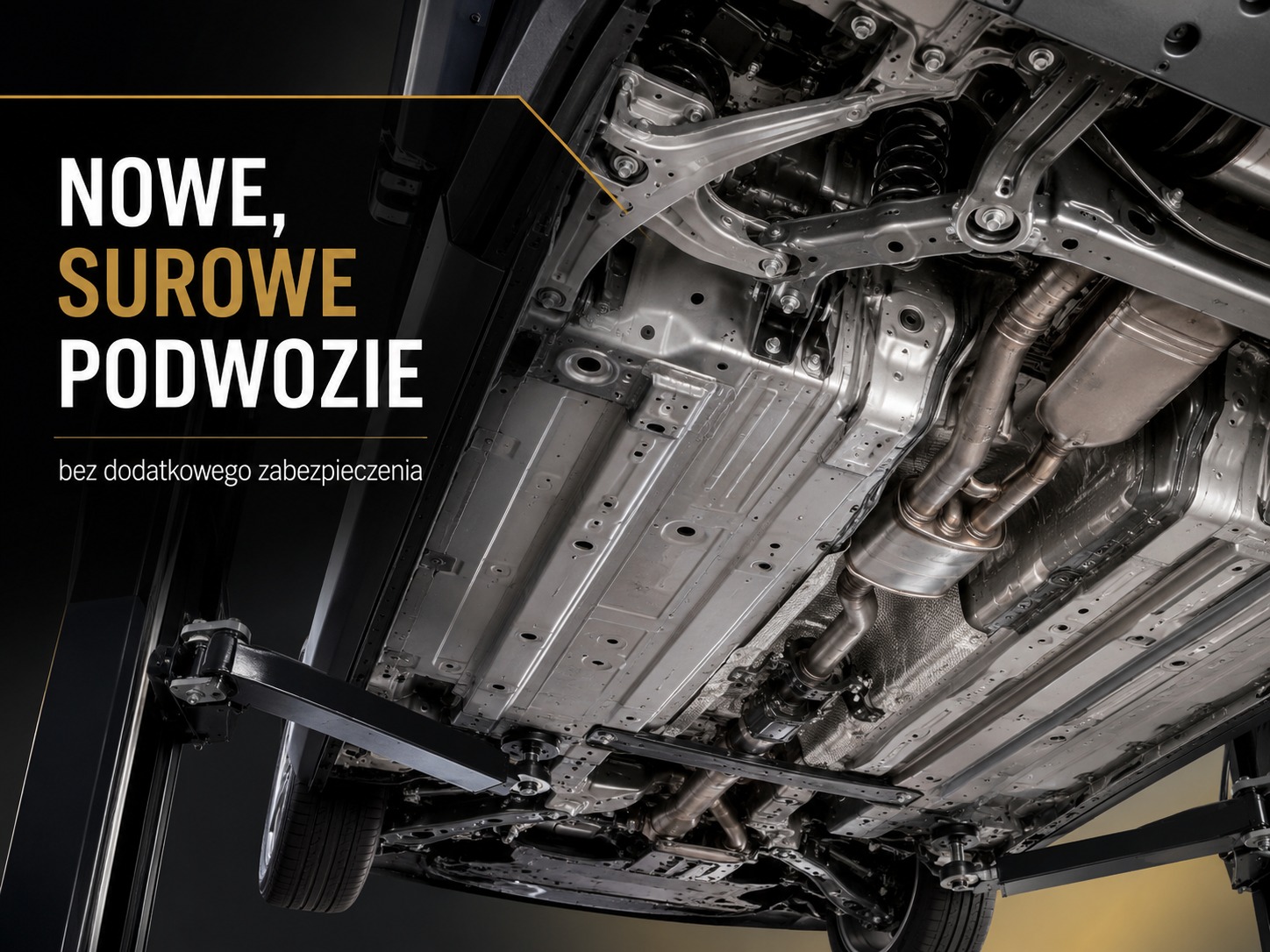 Nowe, surowe podwozie samochodu bez dodatkowego zabezpieczenia — odsłonięty metal narażony na korozję