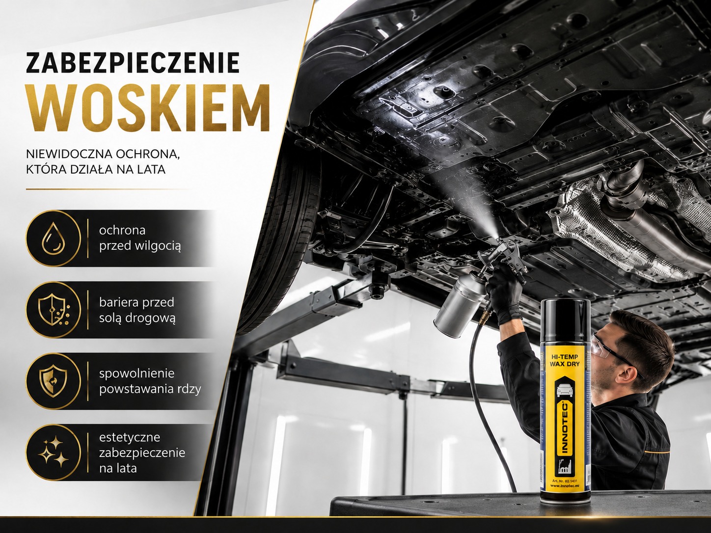 Zabezpieczenie podwozia woskiem Innotec Hi-Temp Wax Dry — natrysk preparatu ochronnego na podniesionym aucie