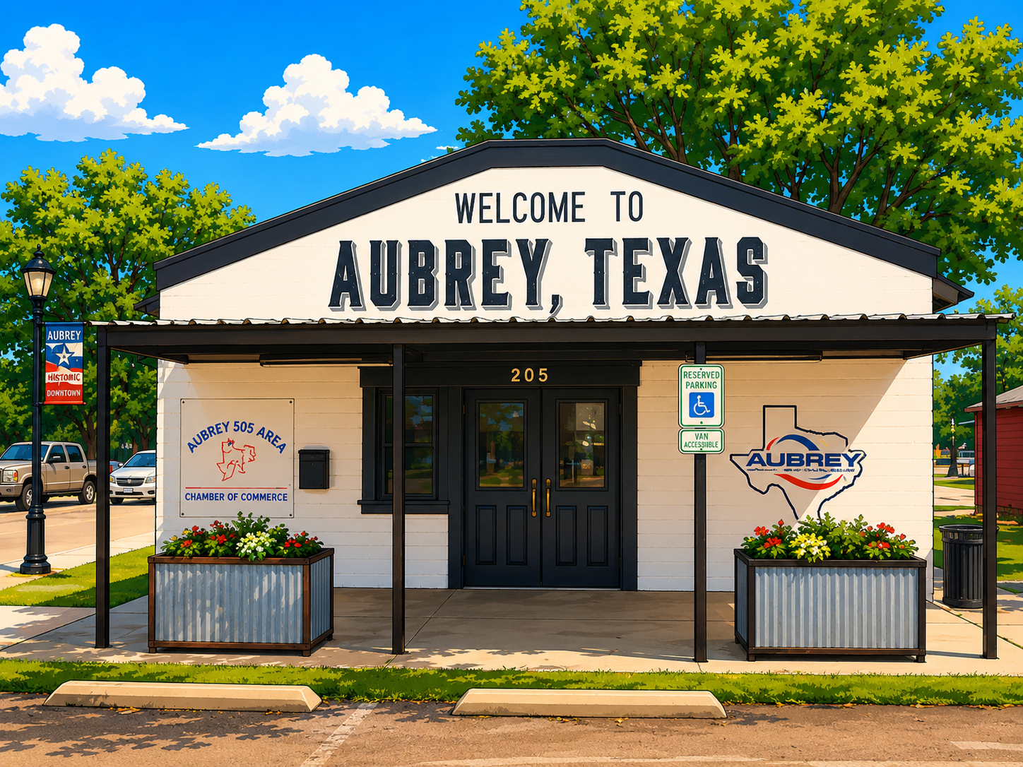 Welcome to Aubrey, Texas Chamber of Commerce building in Historic Downtown Aubrey