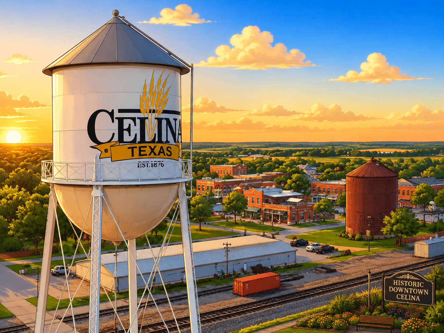 Celina, Texas water tower over Historic Downtown Celina at sunset