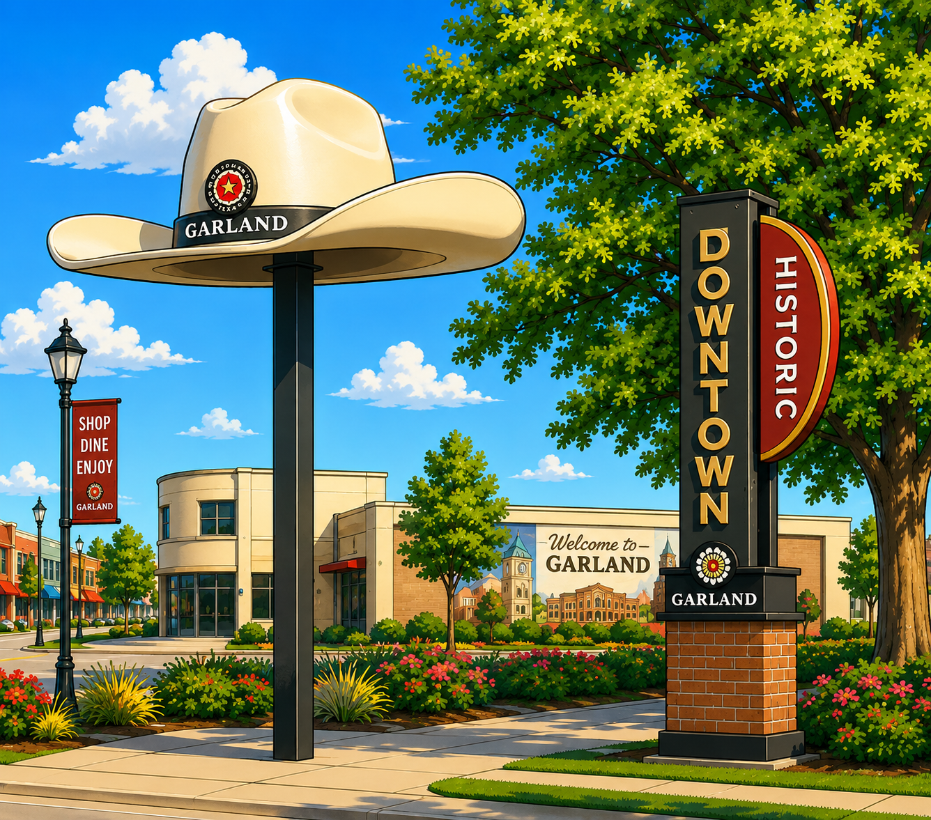 Giant cowboy hat and Historic Downtown Garland, TX signs
